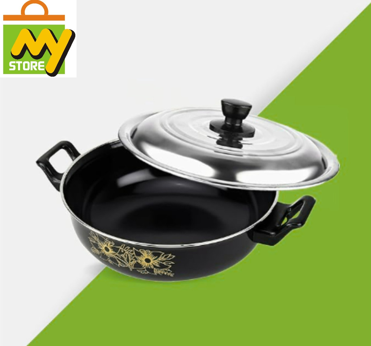 Image of My Store Non Stick Kadhai with Steel Lid (Black / 3.5 L) - Non Stick Induction Kadhai 26.8 cm diameter with Lid 3.6 L capacity