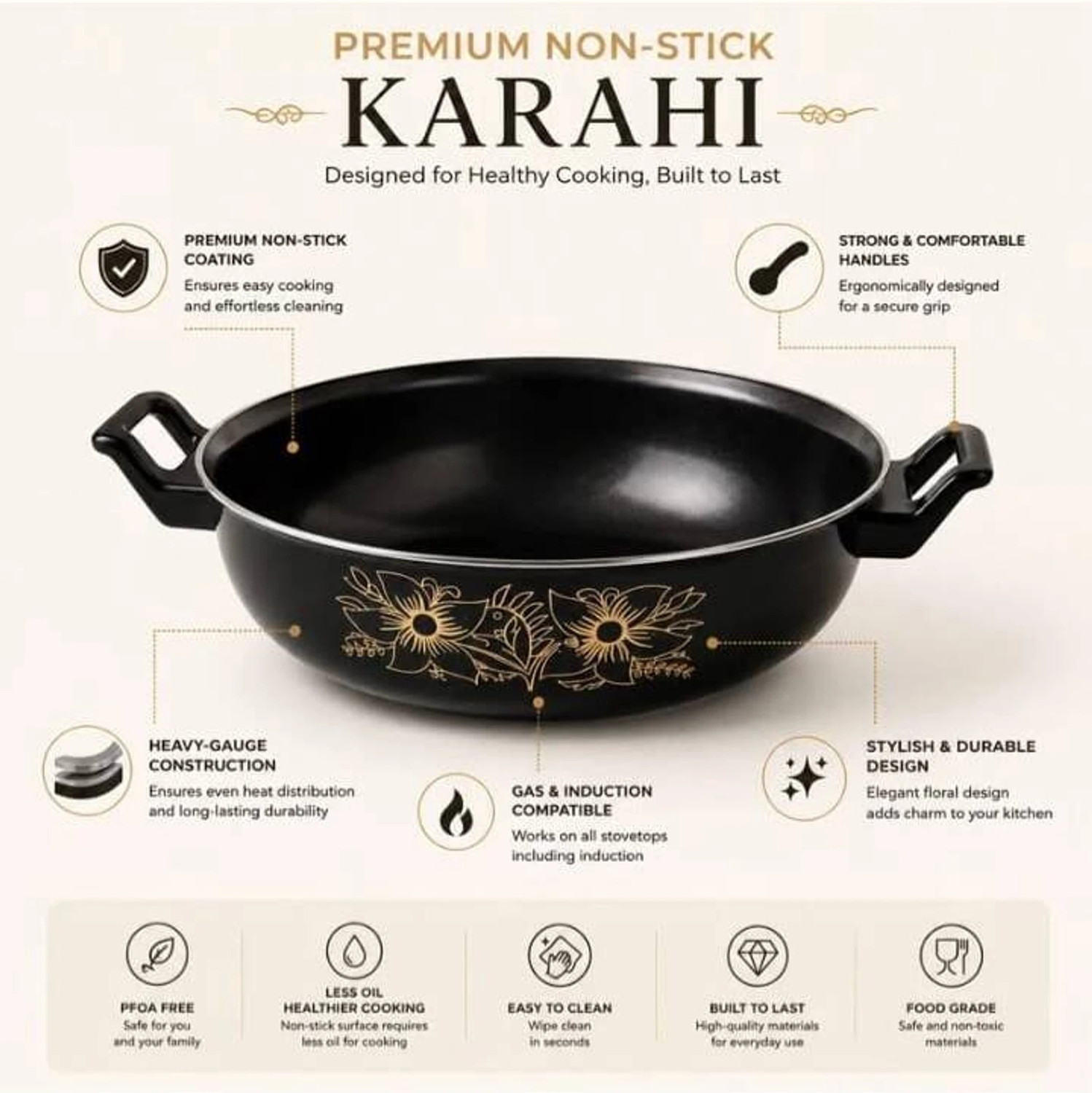 Image of SILVOSWAN Non Stick Kadhai (Black / 3.7 L) -10- Induction Bottom Non Stick Kadhai 27 cm diameter 3.7 L capacity