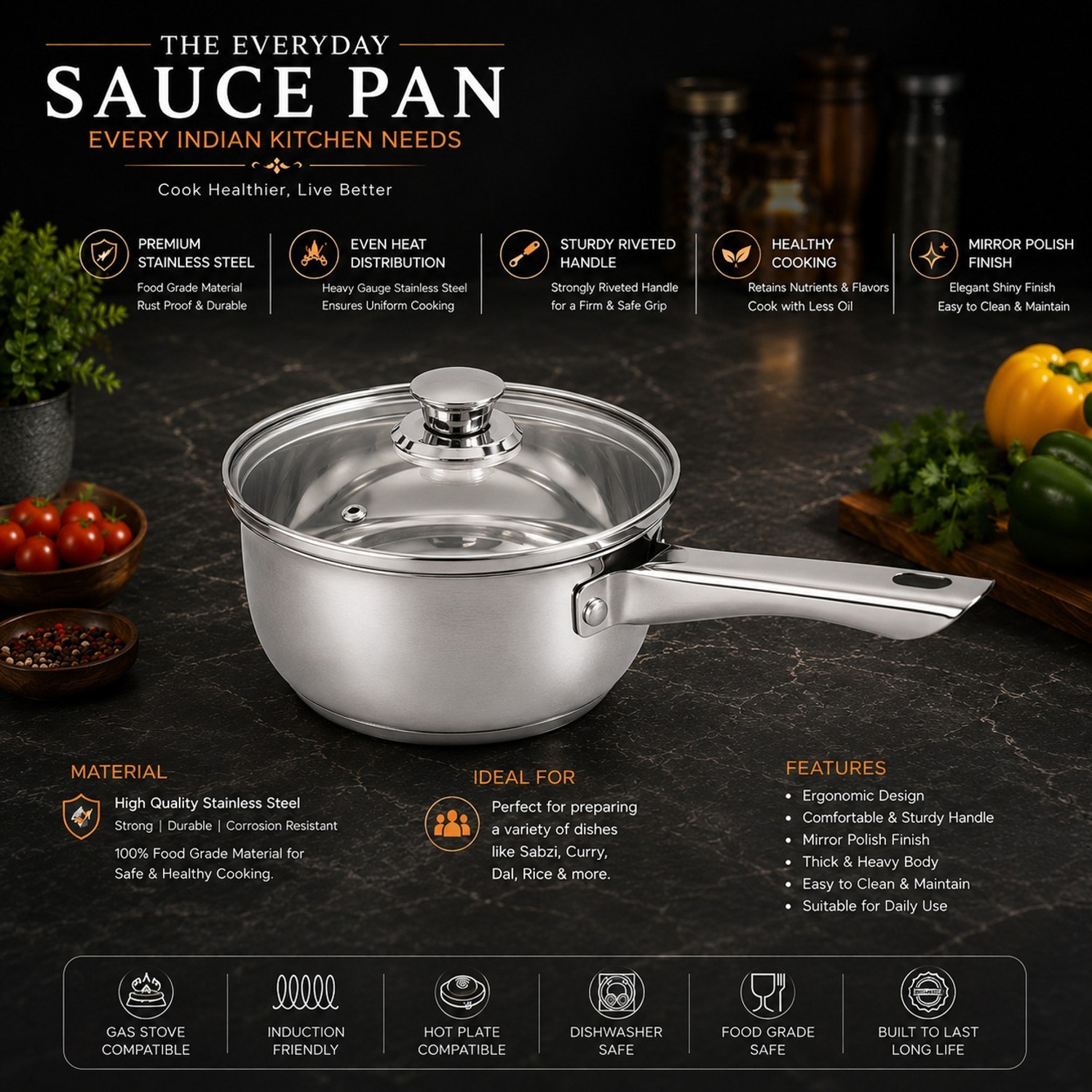 Image of Red Robin Stainless Steel Saucepan 14 cm 1L with Glass Lid Base Kitchen Pan Sauce Pan 14 cm diameter with Lid 1 L capacity (Glass, Stainless Steel, Non-stick, Induction Bottom)