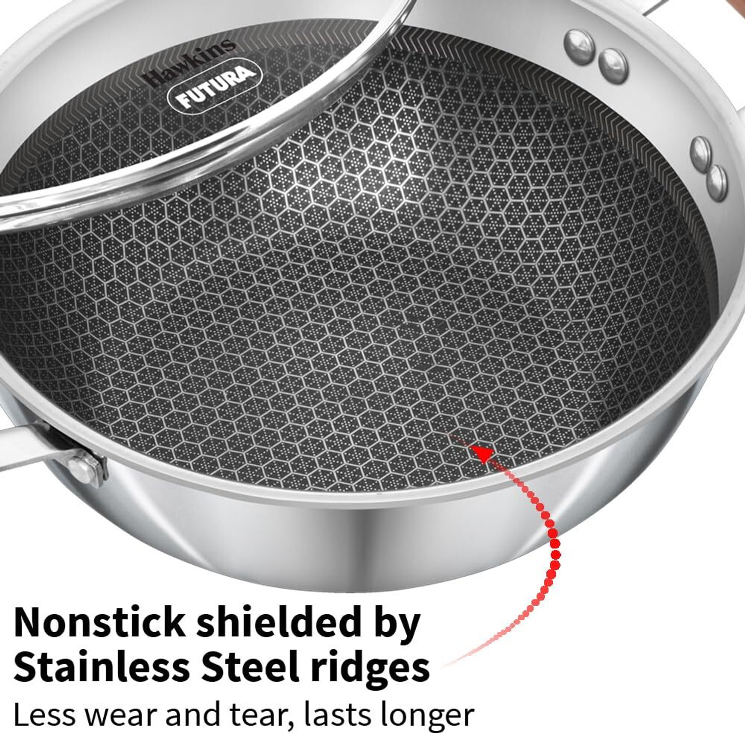 Image of Hawkins Deep Kadhai, Triply Nonstick Deep-Fry Pan with Handle, Honeycomb Kadai Kadhai 22 cm diameter with Lid 2.5 L capacity (Triply, Non-stick, Induction Bottom)
