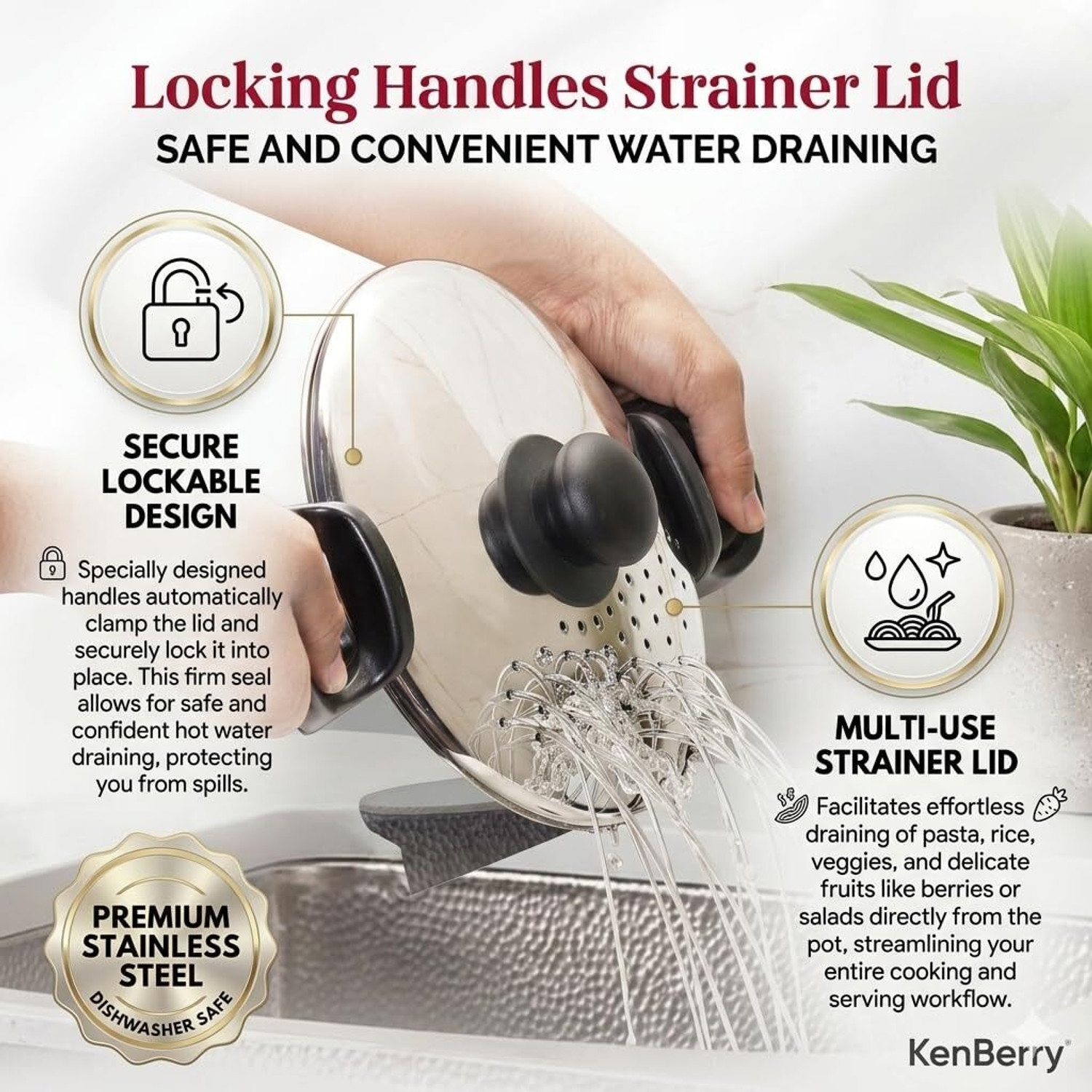 Image of KenBerry Rice & Pasta Pot With Strainer Lid | Locking Handle | Multi-Purpose Cookware Pot 23 cm diameter 5 L capacity with Lid (Stainless Steel, Induction Bottom)