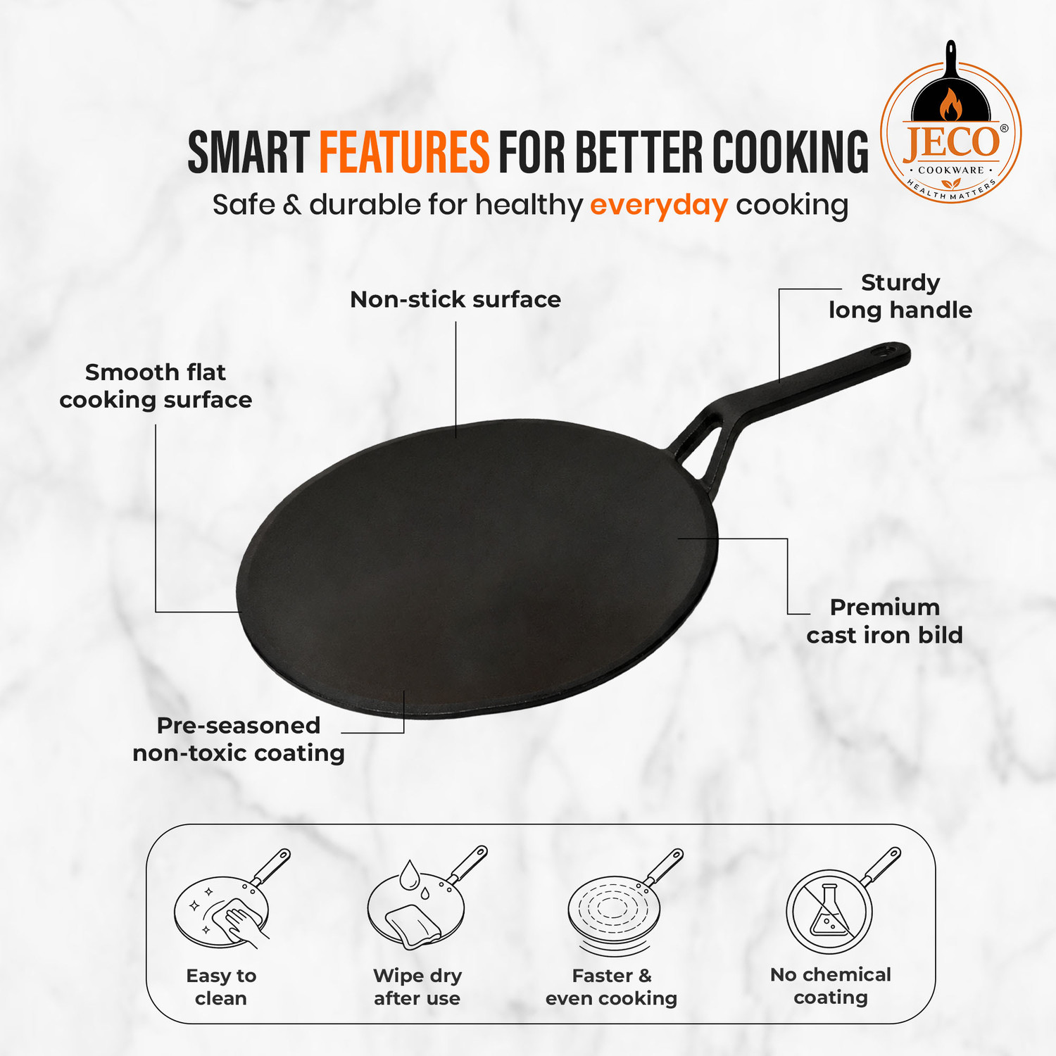 Image of JECO COOKWARE Cast Iron Roti Tawa, Pre-Seasoned Non-Stick Iron Roti /Dosa /ChillaTawa Tawa 22 cm diameter
