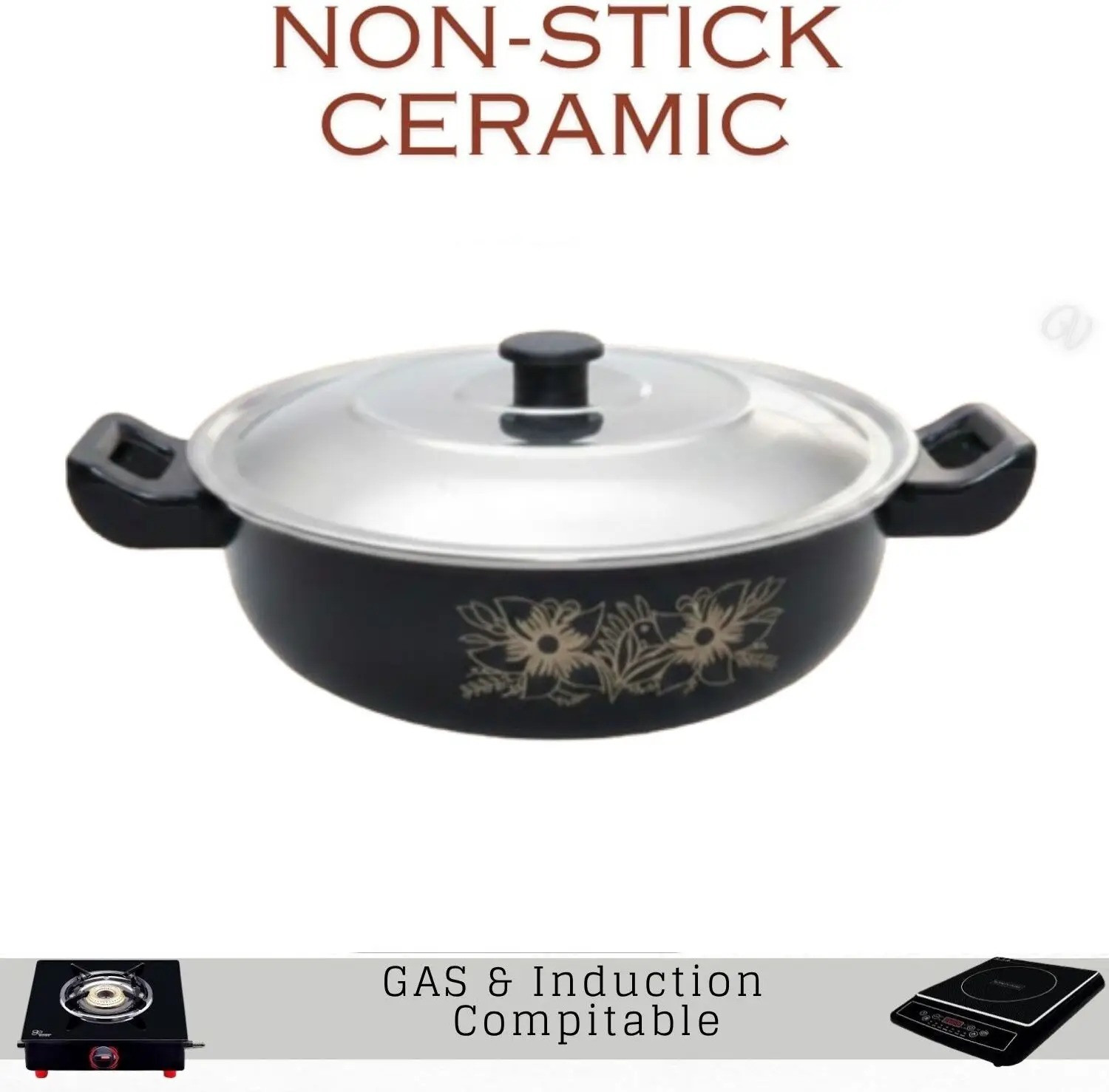 Image of My Store Non Stick Kadhai with Steel Lid (Black / 3.5 L) - Non Stick Induction Kadhai 26.8 cm diameter with Lid 3.6 L capacity