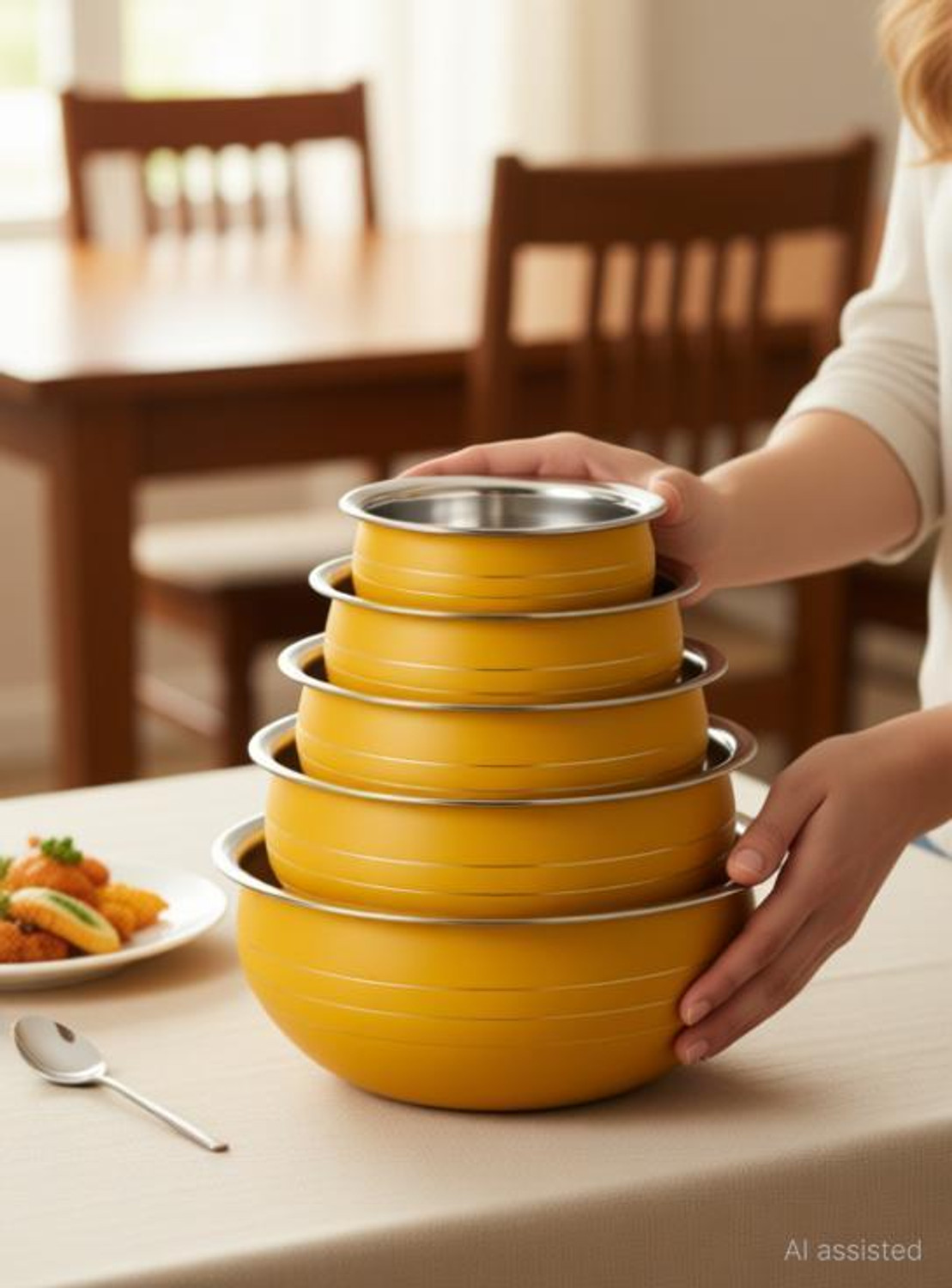 Image of Nirvika Stainless Steel Serving Bowl Stainless Steel Colour Handi /Cookware Set /Serving Bowl 5 Piece Yellow Pot Pan