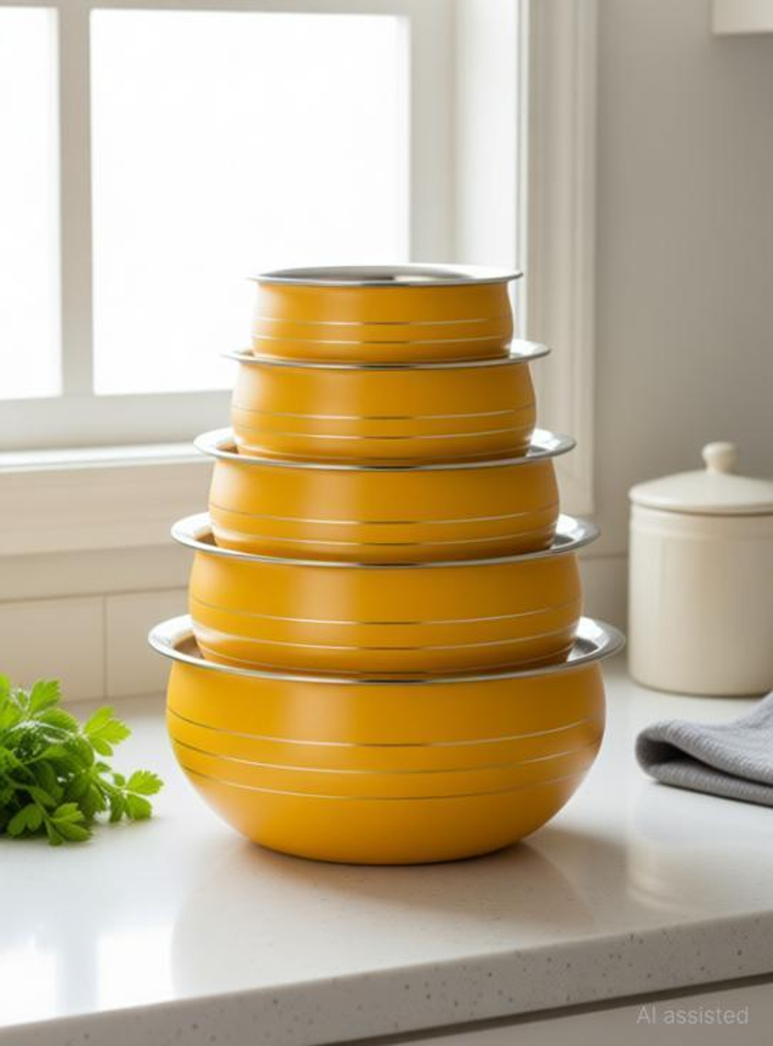 Image of Nirvika Stainless Steel Serving Bowl Stainless Steel Colour Handi /Cookware Set /Serving Bowl 5 Piece Yellow Pot Pan