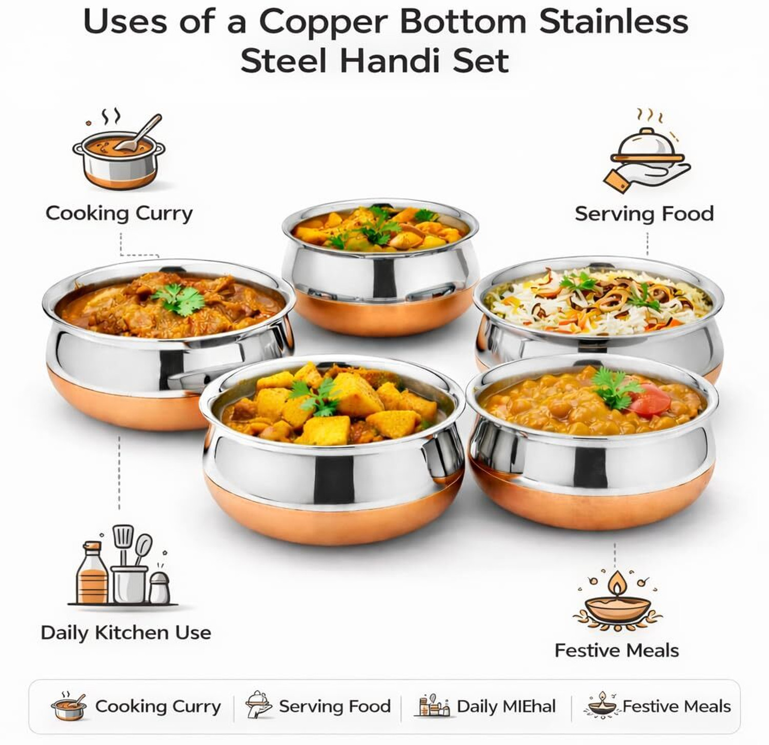 Image of PROJAIN STEEL Copper Bottom Handi Pot 5 Piece Set /Steel Handi Set 5 Piece Set /Cookware Chetty Combo Serving Handi Cookware Multi Purpose Capacity :- 500 ML , 750 ML , Handi 1 050 ,ML,1200 ML ,1500 ML Handi Handi 2 L