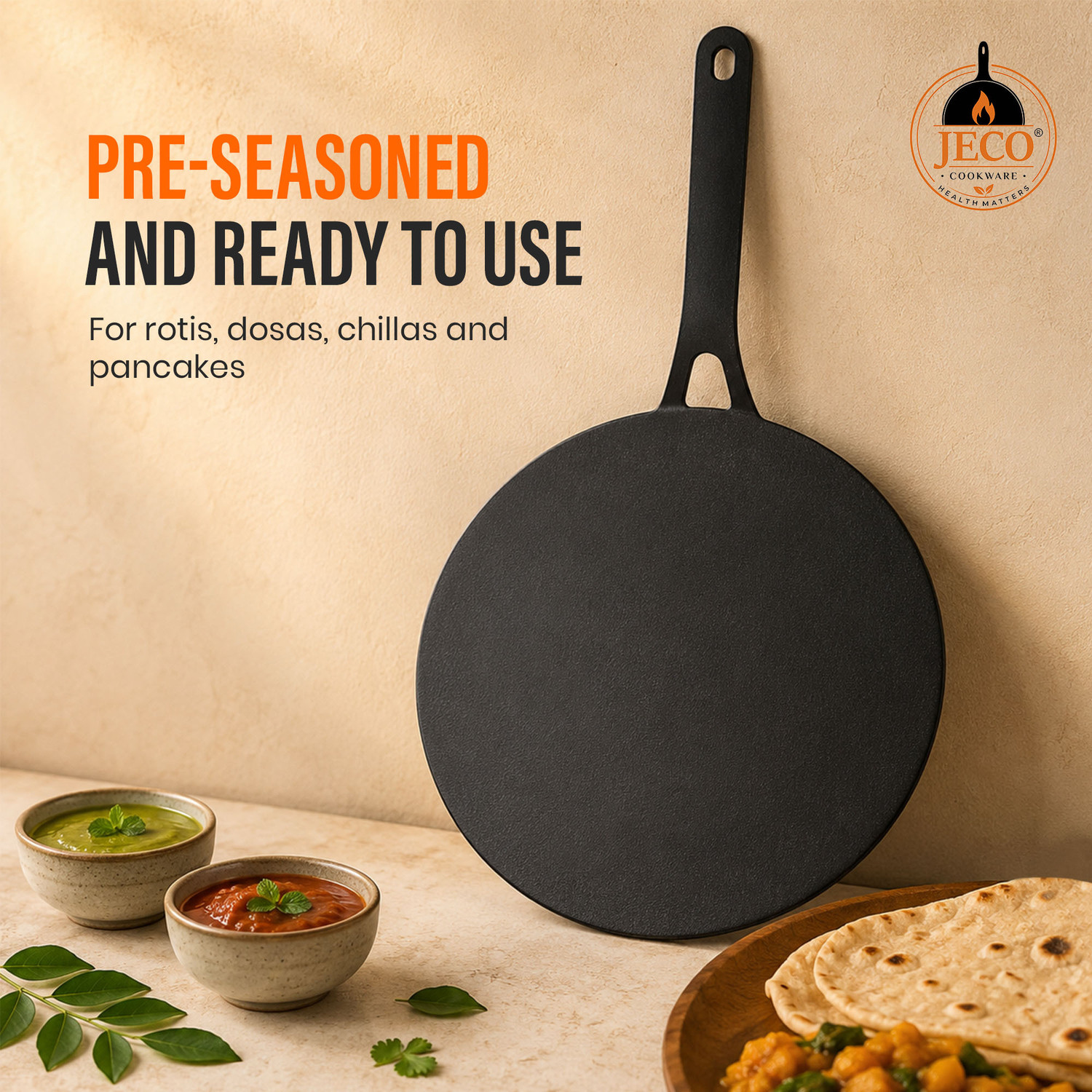 Image of JECO COOKWARE Cast Iron Roti Tawa, Pre-Seasoned Non-Stick Iron Roti /Dosa /ChillaTawa Tawa 22 cm diameter