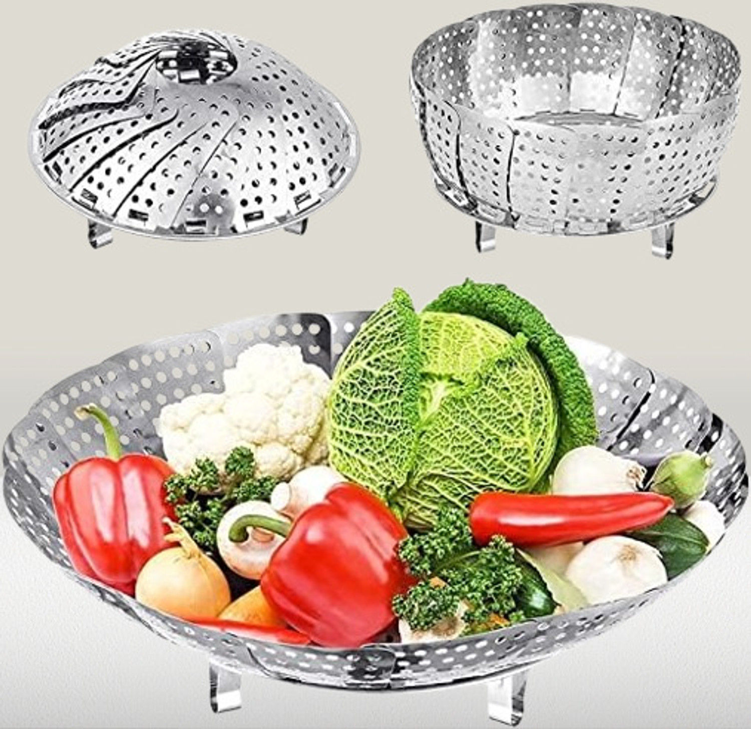 Image of Flamoxo Stainless Steel Steamer Basket Expandable Steamer for Cooking Vegetables, Momos Stainless Steel Steamer