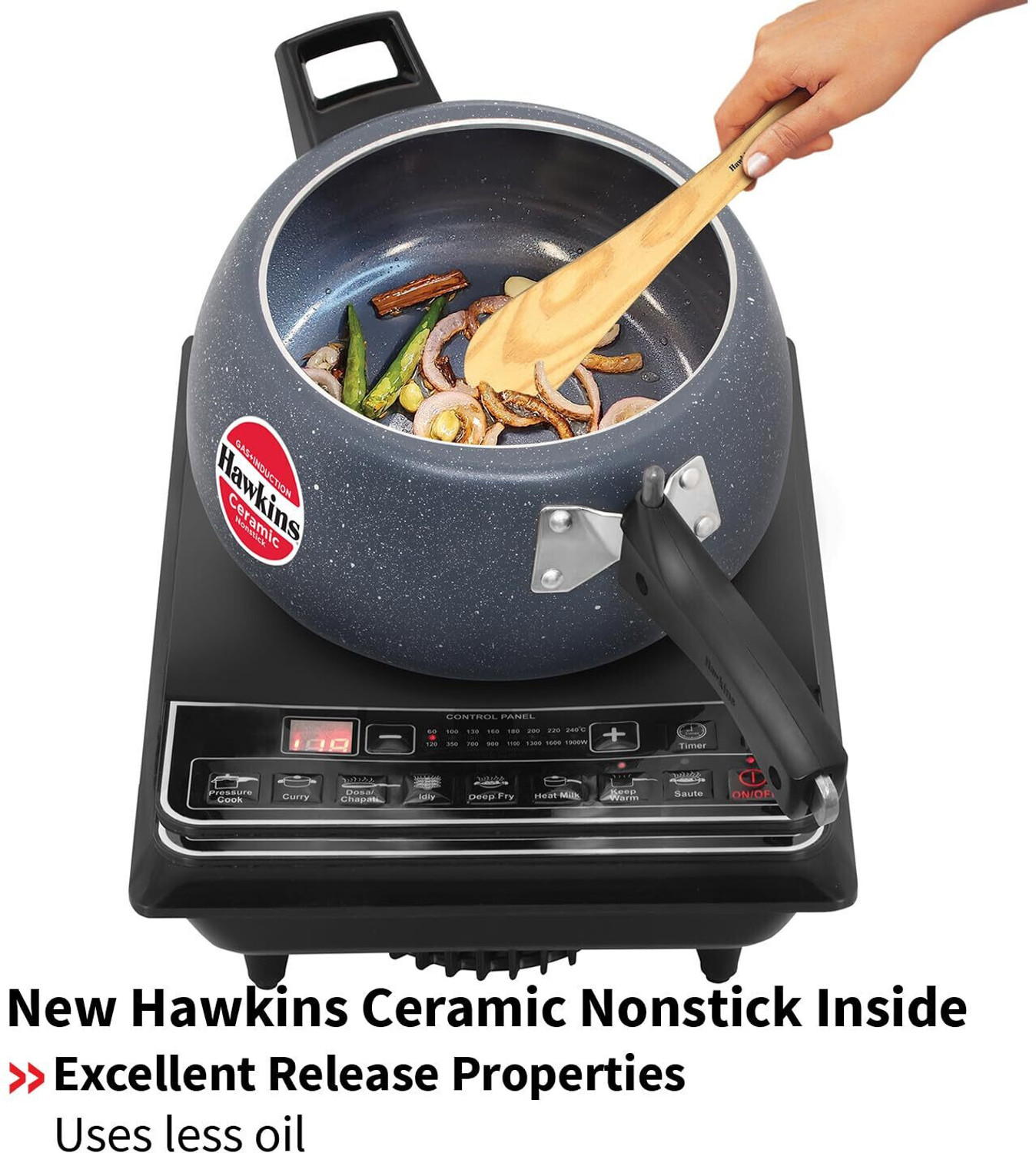 Image of Hawkins Ceramic Coted Kadhai with Glass Lid 3.5L,Cooker 5L,SPATULA 3pc SET BSPTL3, Kadhai 40 cm, 28 cm, 32 cm diameter with Lid 3.5 L, 5 L capacity