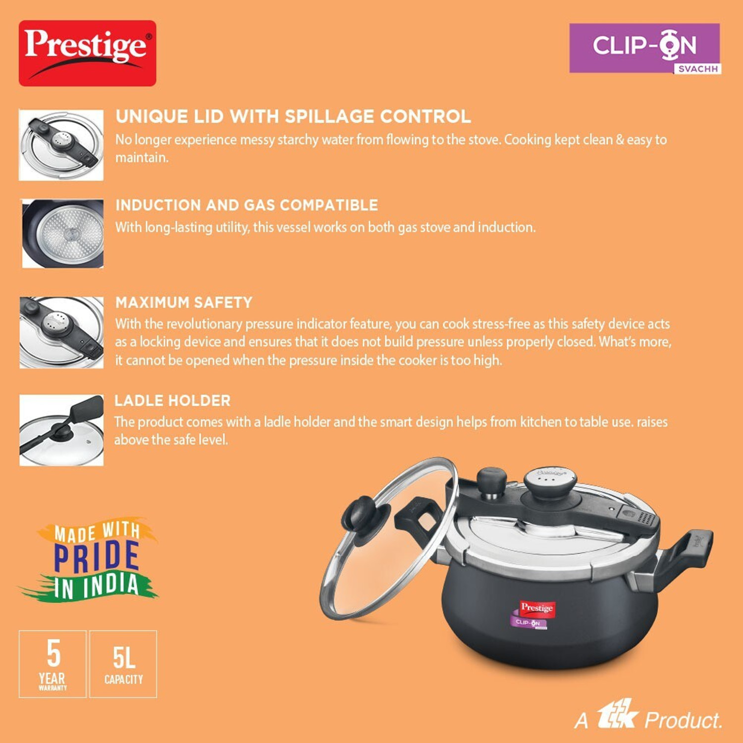 Image of Prestige Svachh Clip on Handi 5 L Outer Lid Induction Bottom Pressure Cooker