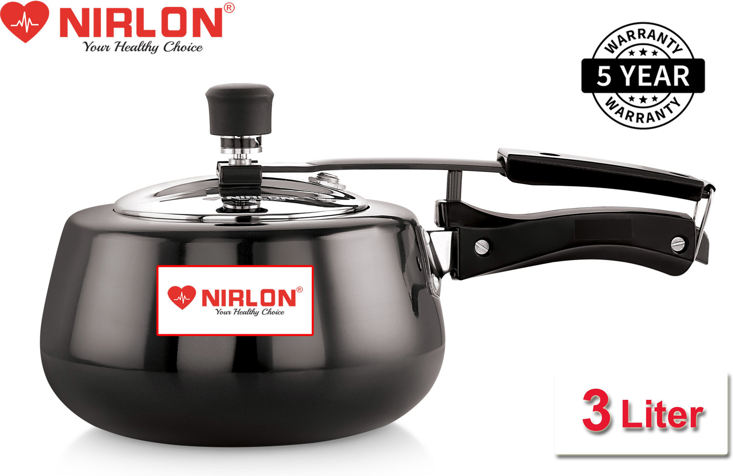 Image of NIRLON Induction Base Hard Anodised Inner Lid Aluminium Pressure Cooker, 3LTR, Black 3 L Induction Bottom Pressure Cooker (Hard Anodized)