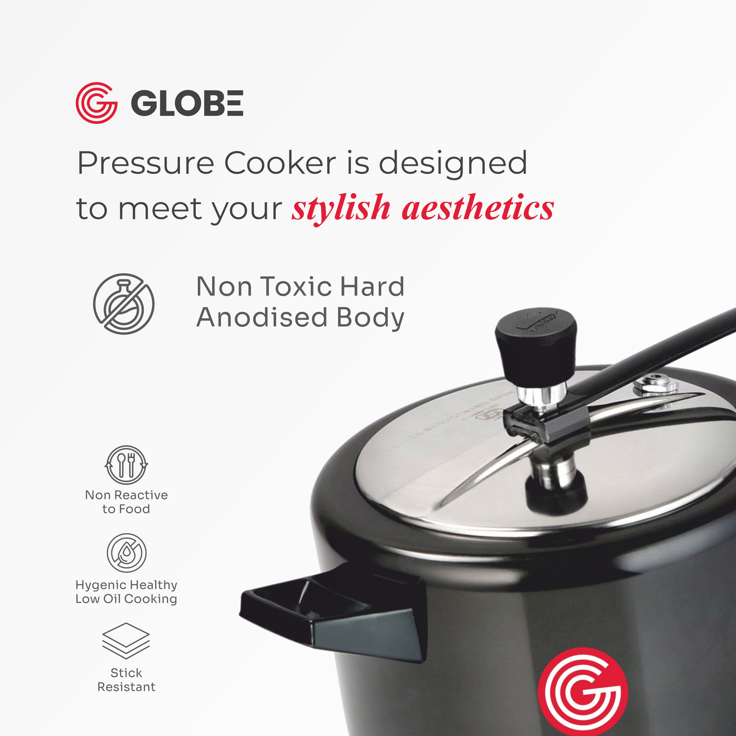 Image of globe Brio Induction Base with Stainless Steel Inner Lid 2 litre|6 Years Warranty 2 L Inner Lid Induction Bottom Pressure Cooker