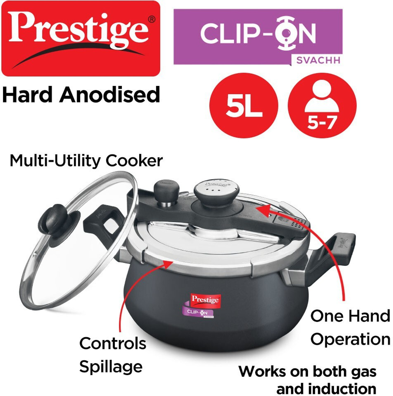 Image of Prestige Svachh Clip on Handi 5 L Outer Lid Induction Bottom Pressure Cooker
