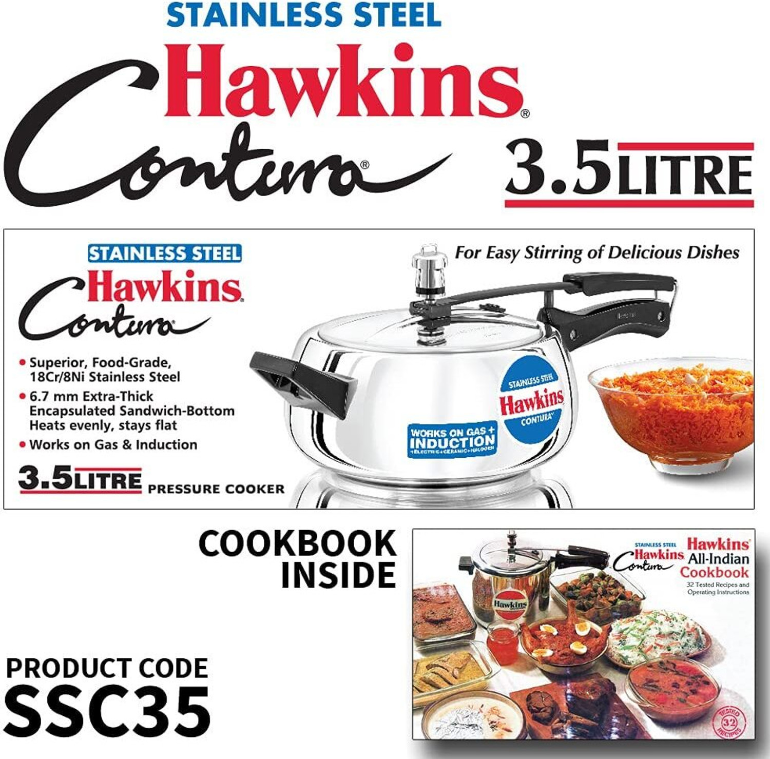 Image of Hawkins Hawkins Contura (SSC20)2 L, (SSC35) 3.5 L, Induction Bottom 2 L, 3.5 L Inner Lid Induction Bottom Pressure Cooker