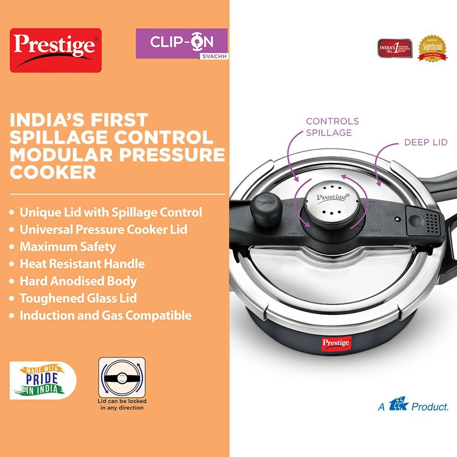 Image of Prestige Svachh Clip on Handi 5 L Outer Lid Induction Bottom Pressure Cooker