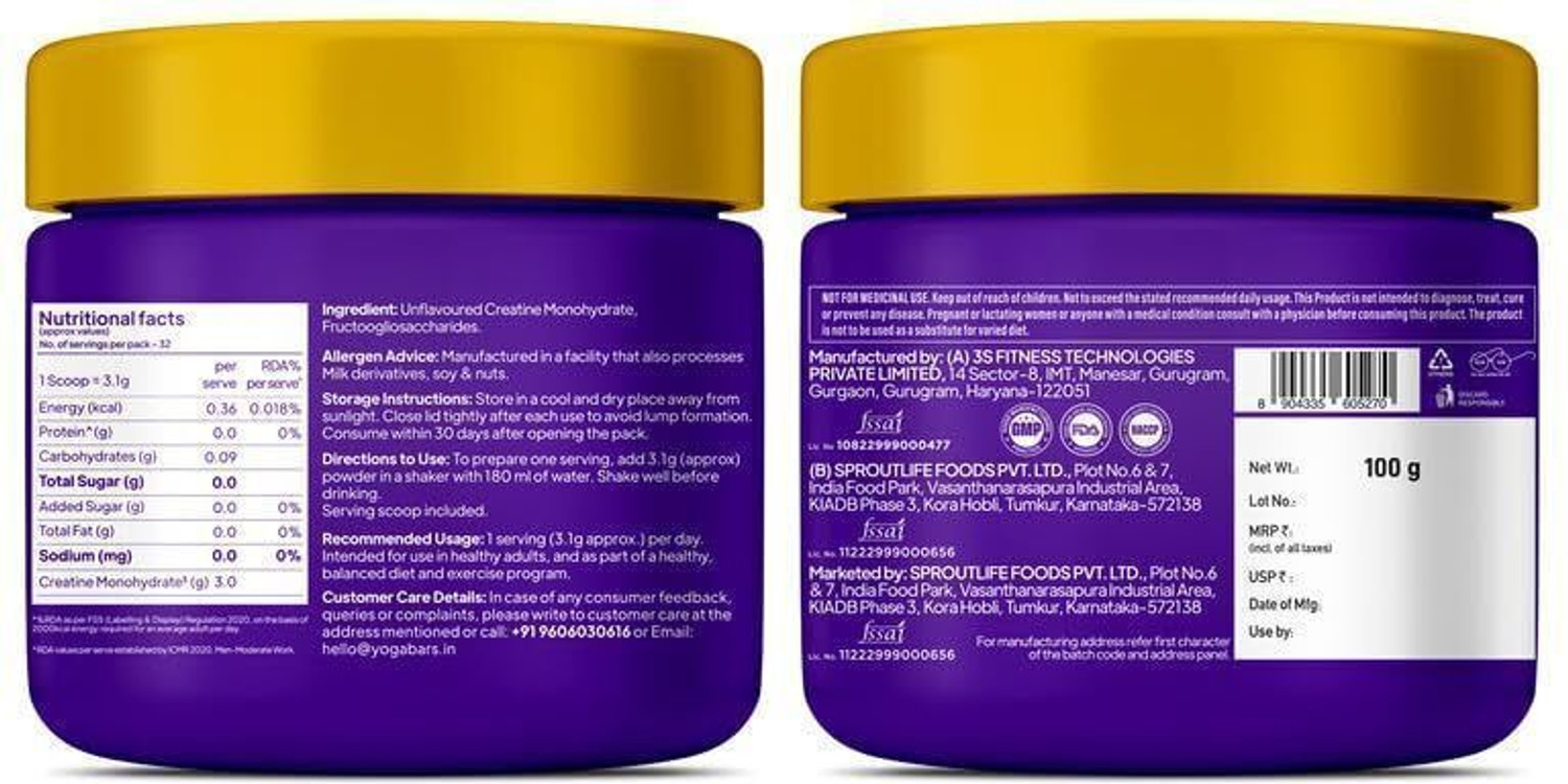 Image of Yogabar Pro Clean Chocolate 0 Calorie Sweetener | Creatine 100g Unflavoured Monohydrate Whey Protein