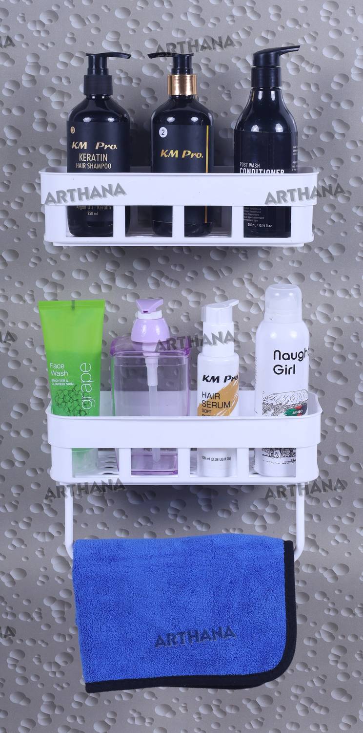 ARTHANA 2 Bathroom Rack With 1 Towel Hanger For Home And Kitchen Plastic Wall Shelf