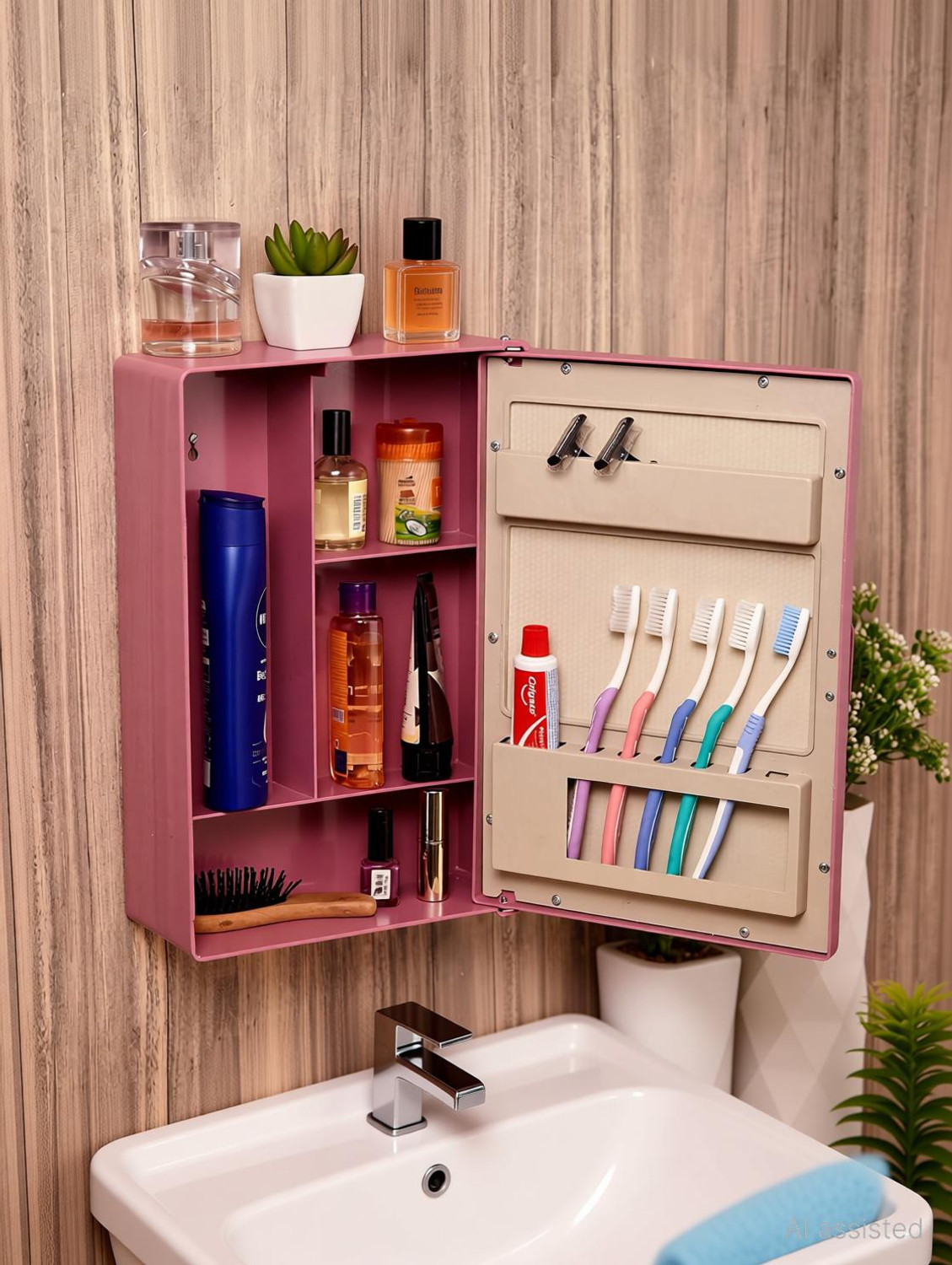 Image of Zahab bathroom cabinet with mirror Plastic Wall Shelf