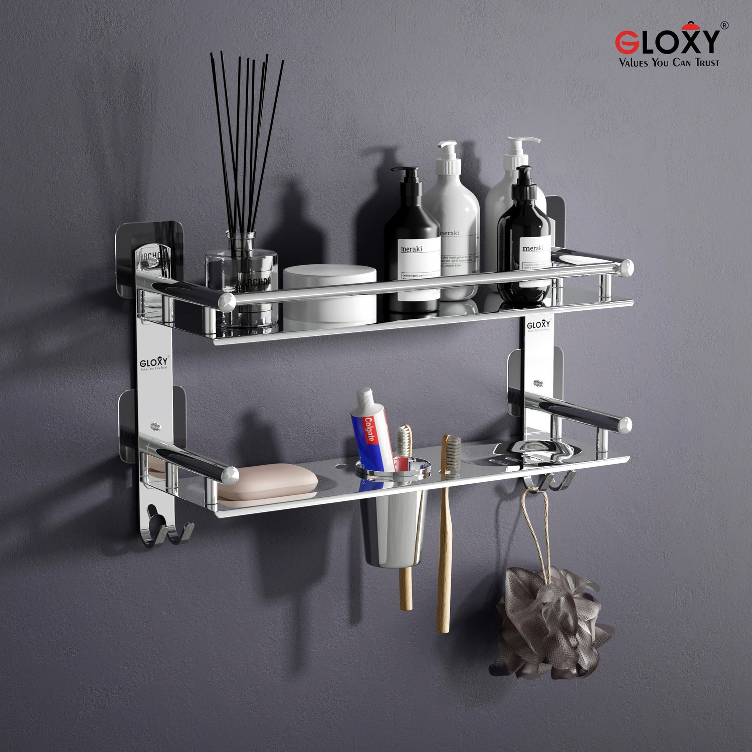 Image of GLOXY 4 in 1 Adhesive Stickers Bathroom Shelf with Soap Dish & Toothbrush Holder Stainless Steel Wall Shelf