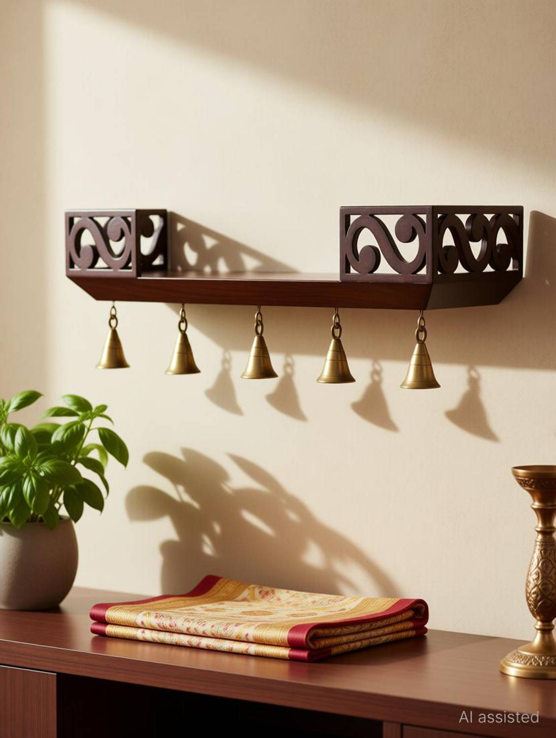 Eco Handicrafts wooden wall temple with bells Wooden Wall Shelf (Number of Shelves - 1, Brown) Wooden Wall Shelf
