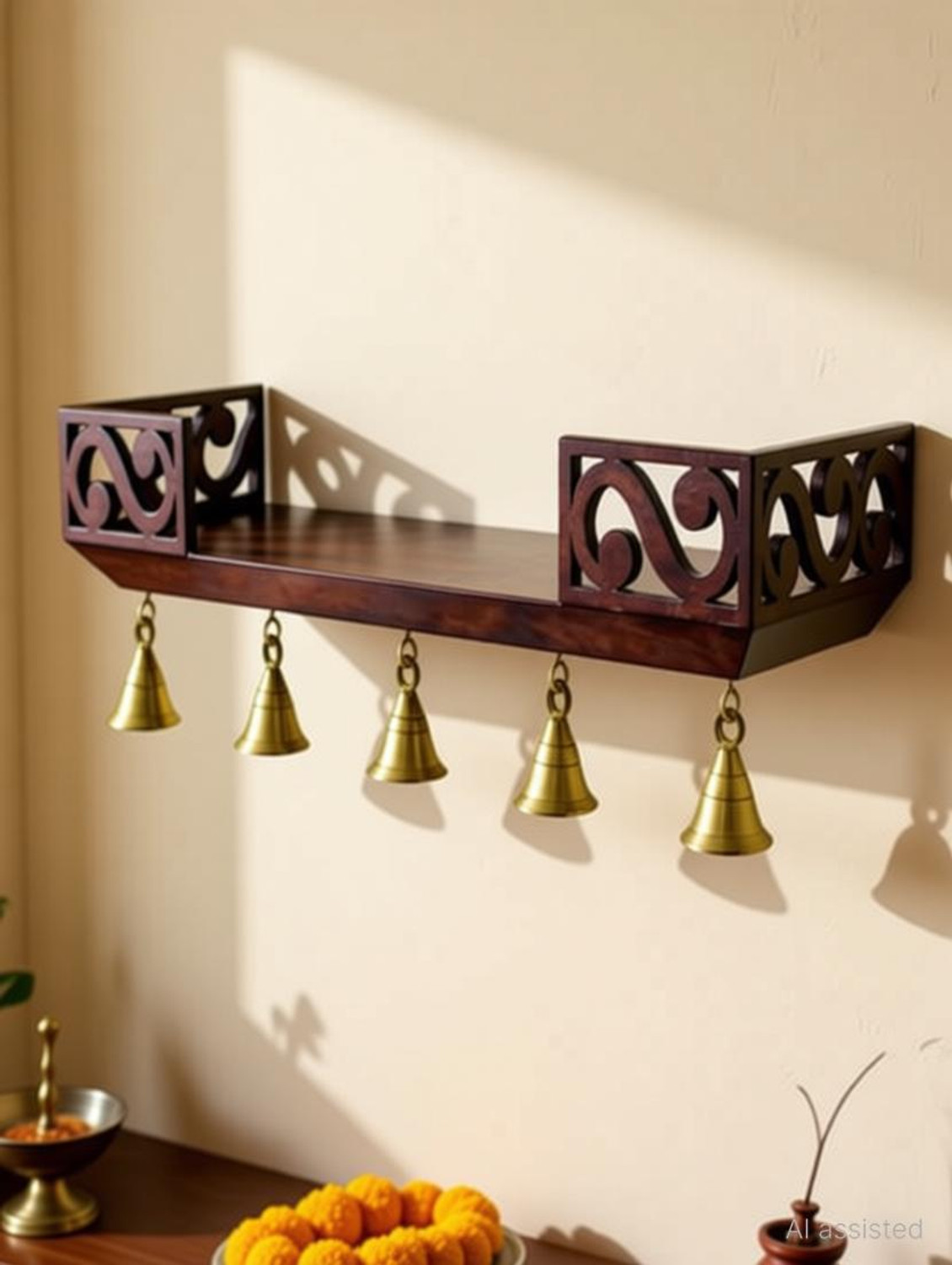 Image of Eco Handicrafts wooden wall temple with bells Wooden Wall Shelf (Number of Shelves - 1, Brown) Wooden Wall Shelf