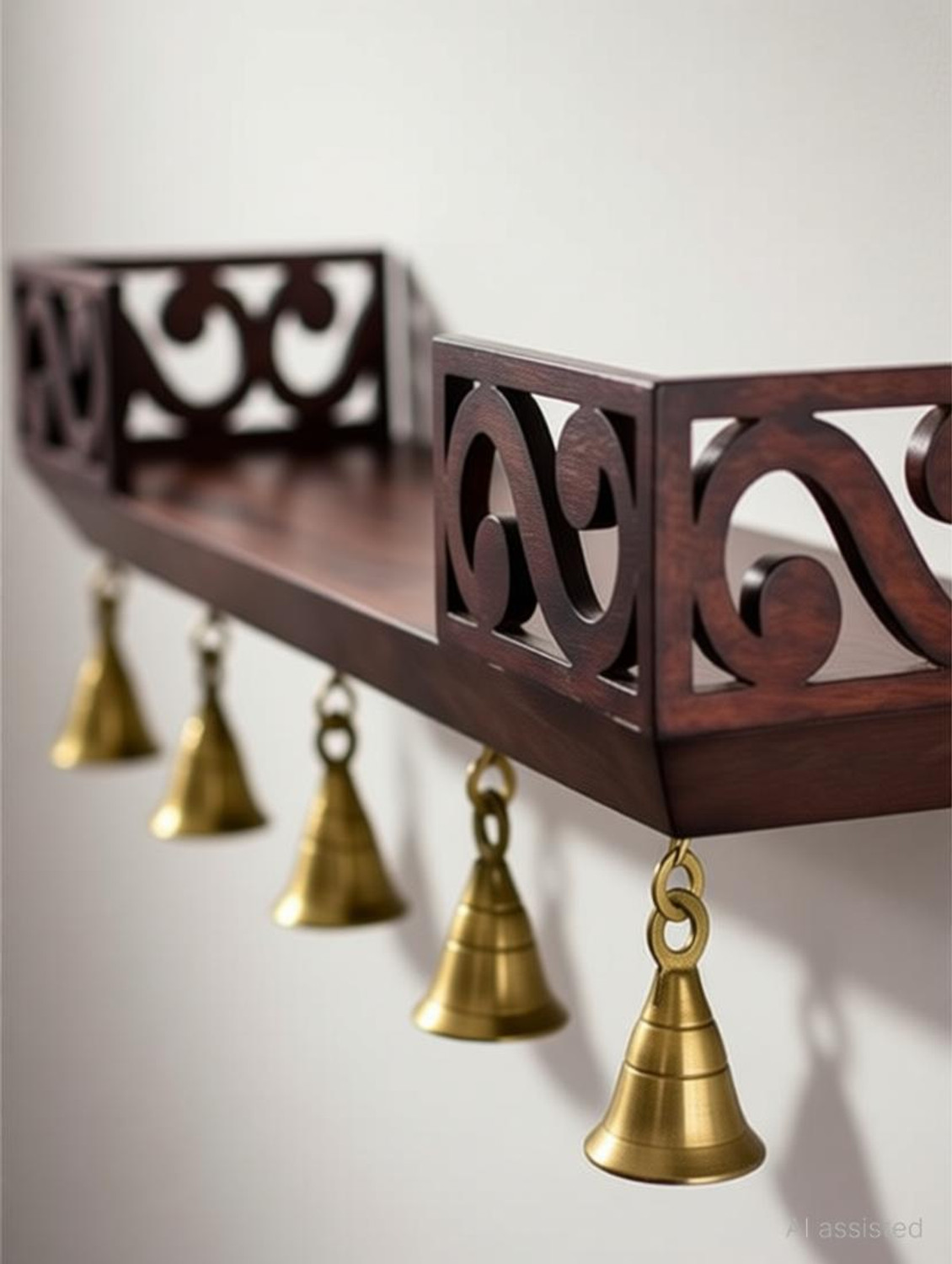 Image of Eco Handicrafts wooden wall temple with bells Wooden Wall Shelf (Number of Shelves - 1, Brown) Wooden Wall Shelf