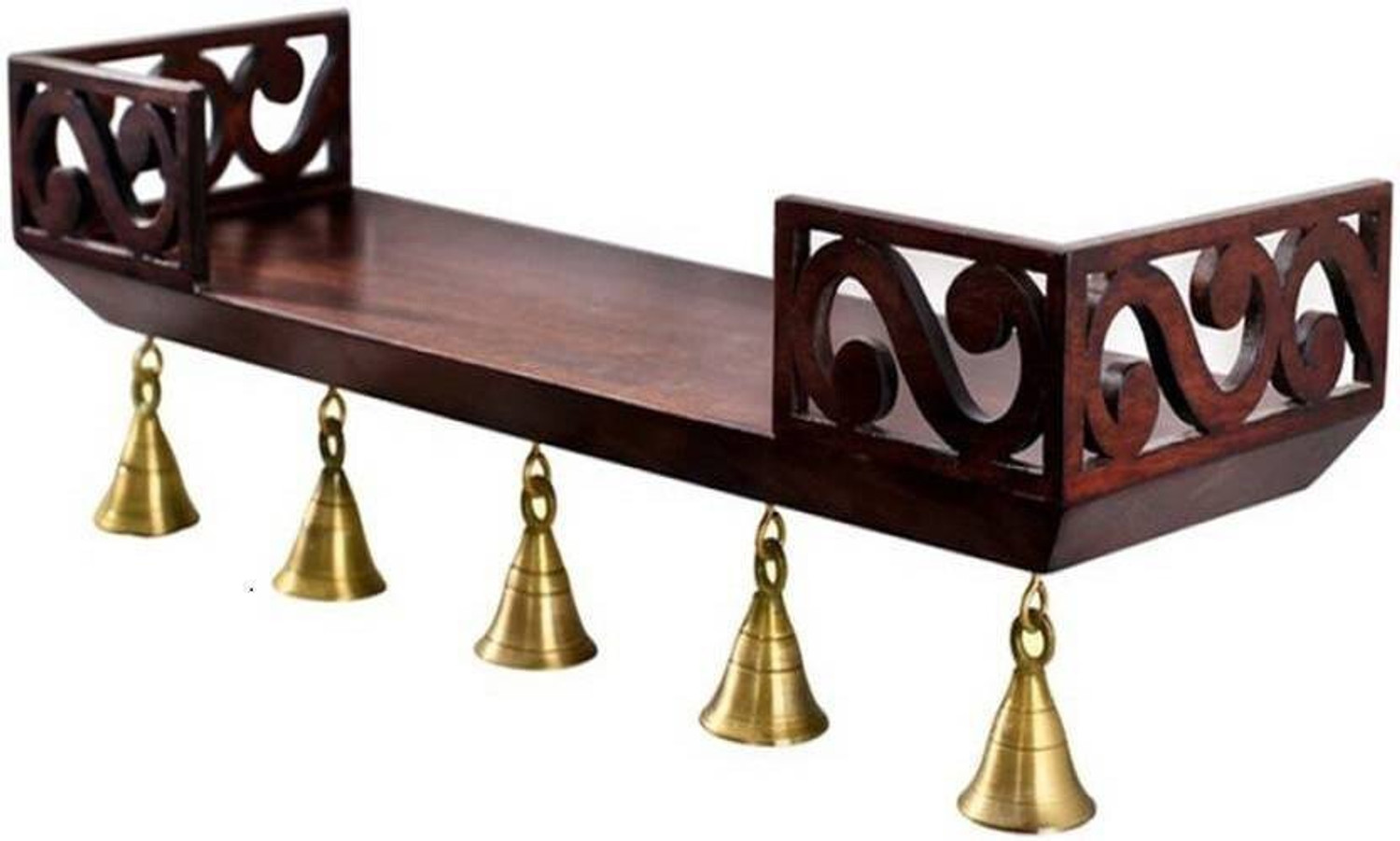 Image of Eco Handicrafts wooden wall temple with bells Wooden Wall Shelf (Number of Shelves - 1, Brown) Wooden Wall Shelf