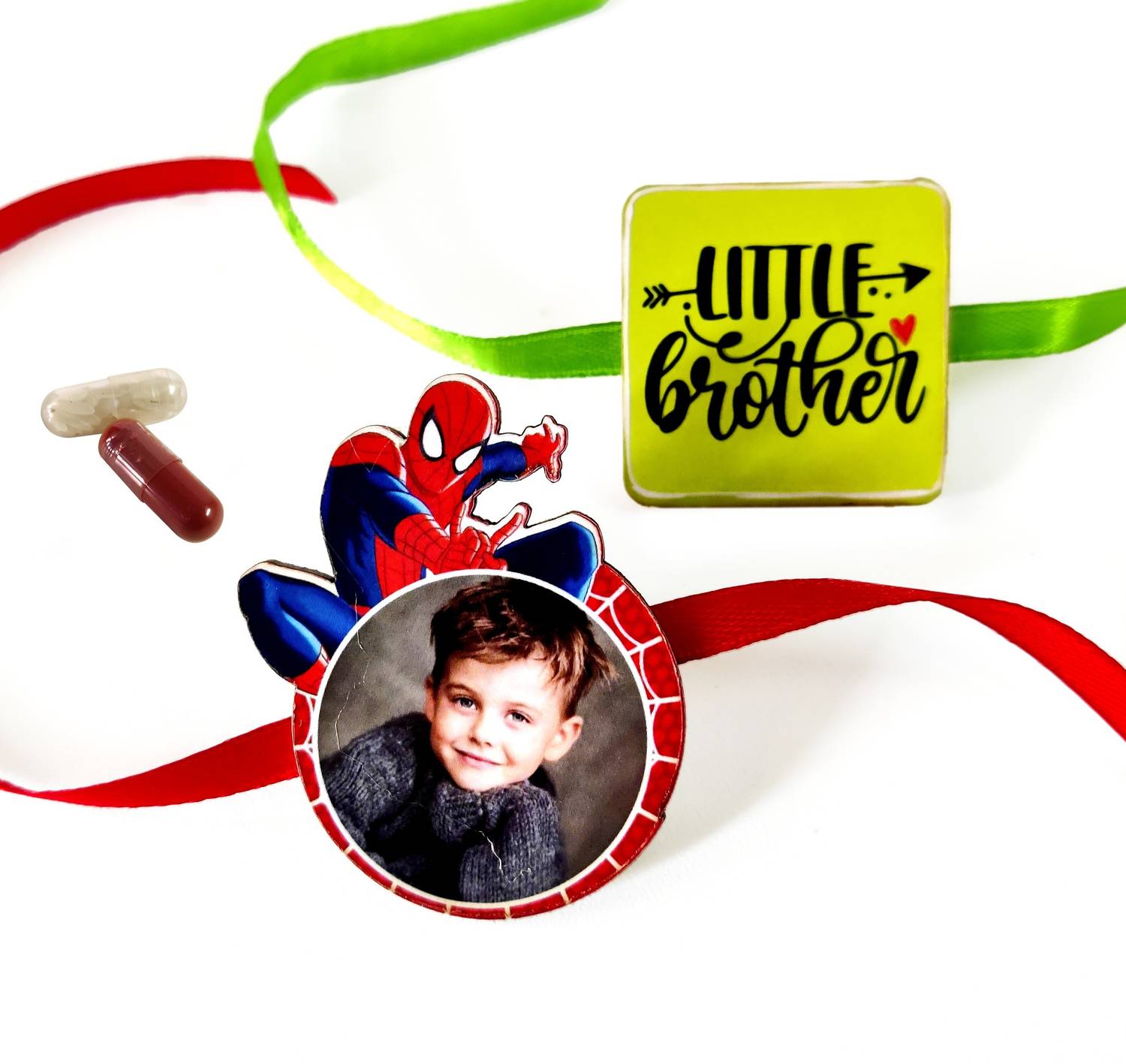 Kids Customize photo rakhi for kids (2pc) with Roli-Chawal 1pc (Spiderman) Mauli Thread Rakhi, Chawal Roli Pack Set by Artle Media