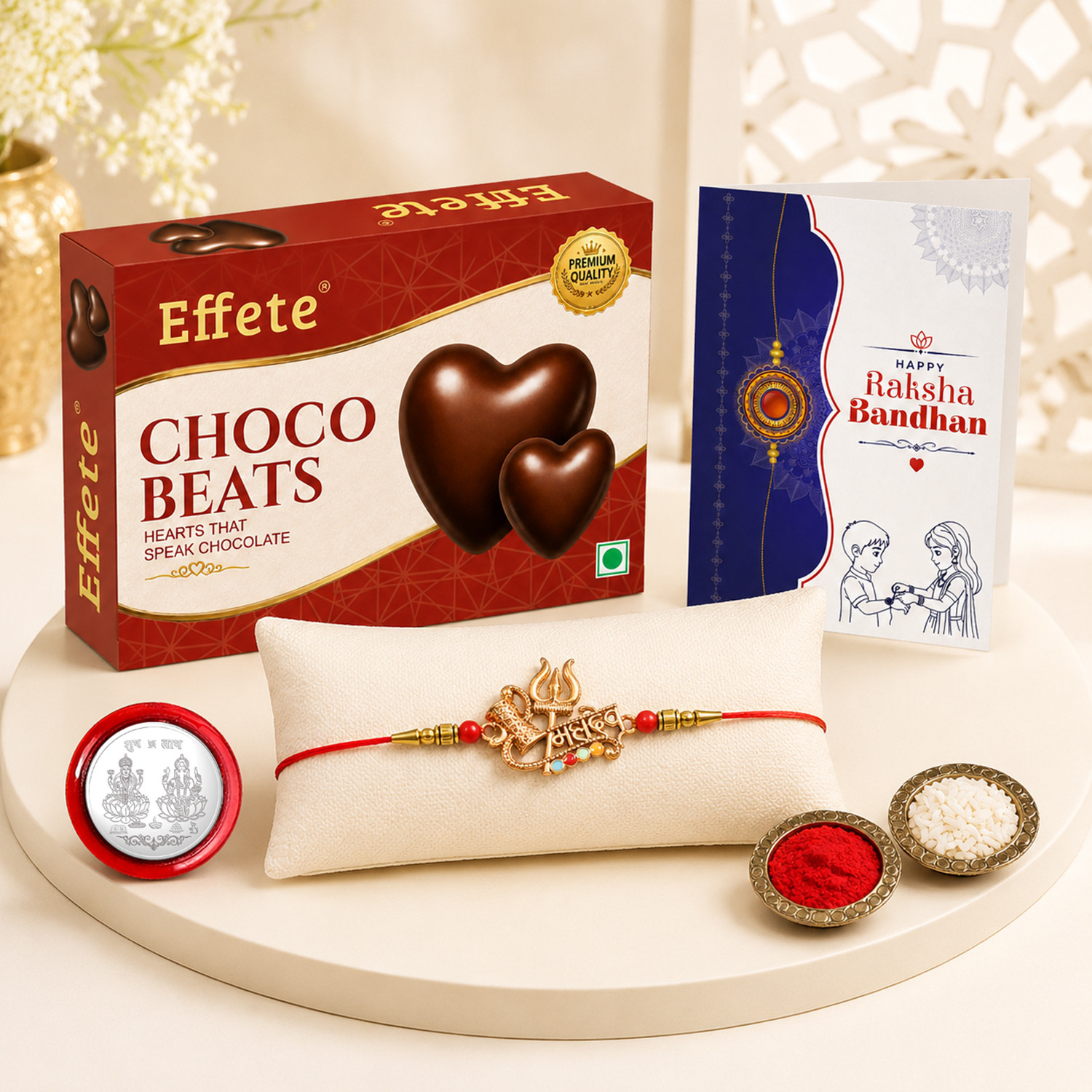 Image of Religious Rakhi Combo with Choco Beats(32gm) |Rakhi for Brother /sister|Rakhi|K1 68 CB32 Assorted Rakhi, Chawal Roli Pack, Coins, Greeting Card Set by Effete