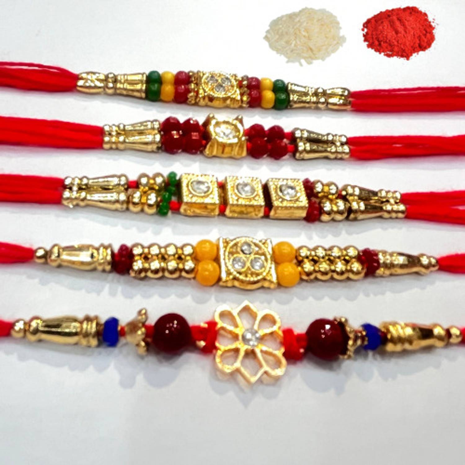 Bhaiya Bhabhi Set of 5 Rakhi Assorted Rakhi, Bracelet Set by Ambrika