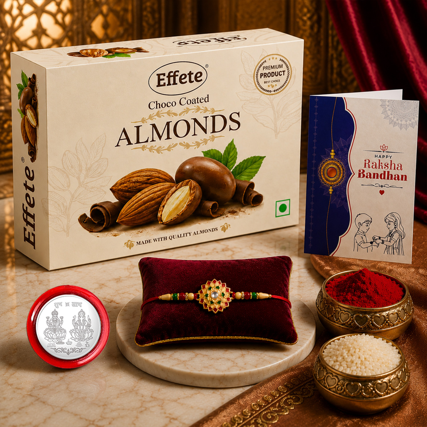 Image of Designer Rakhi Combo for Brother with Chocolate Almond (32-GM)Rakhi Set | Y23K1 501 CA32 Assorted Rakhi by DeoDap