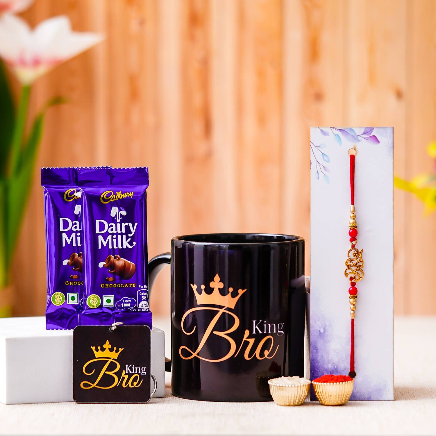 Designer Brother Rakhi With Ceremic Mug with Keyring And Dairy Milk Chocolate Gold Key Holder, Mug, Rakhi Set by Cadbury