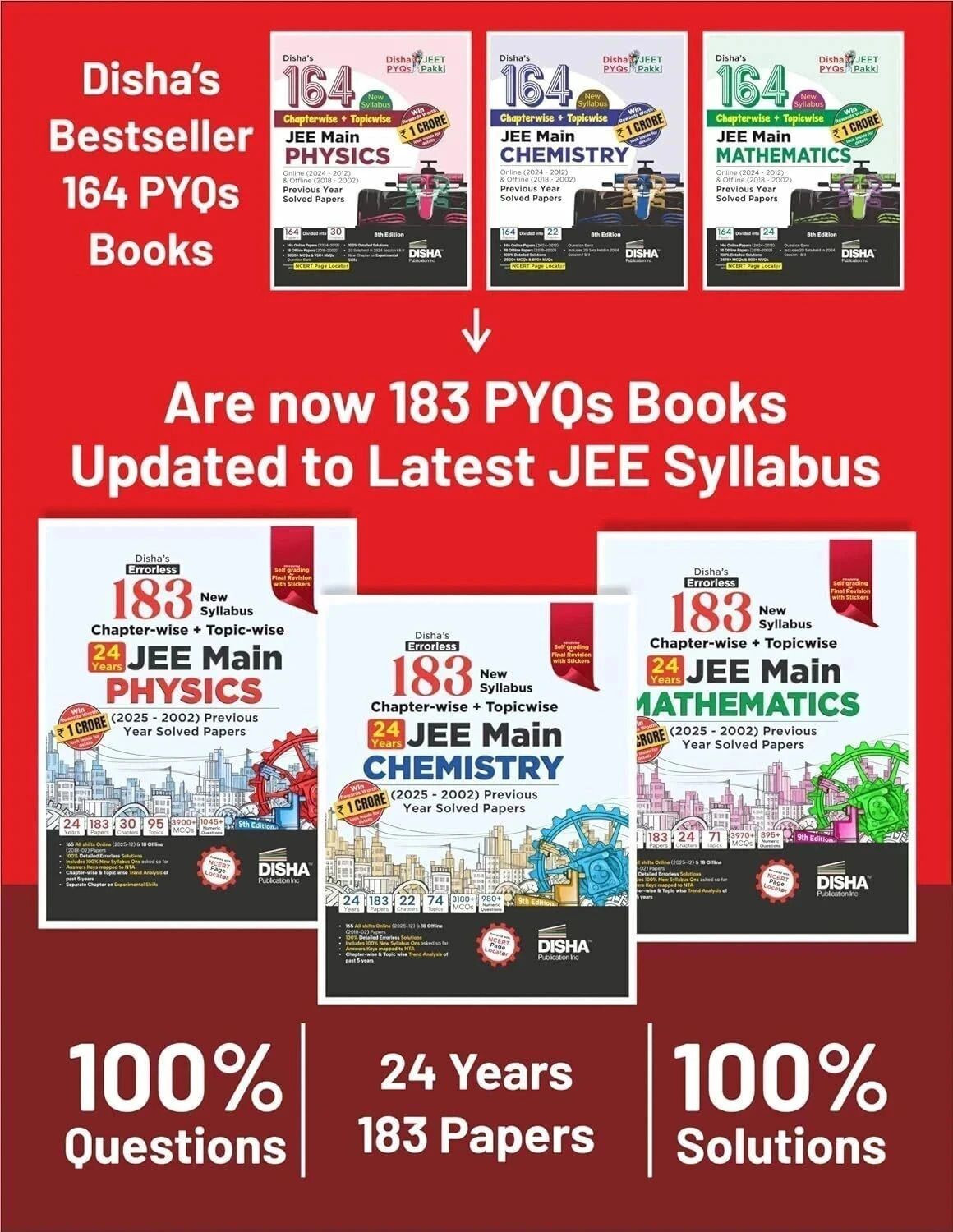 Image of ( OLD EDITION ) Disha's 183 New Syllabus Chapter-wise & Topic-wise JEE Main Physics, Chemistry & Mathematics (2025 - 2002) Previous Year Solved Papers 9th Edition | JEE Mains PYQ Books for 2026 | 100% Solutions
