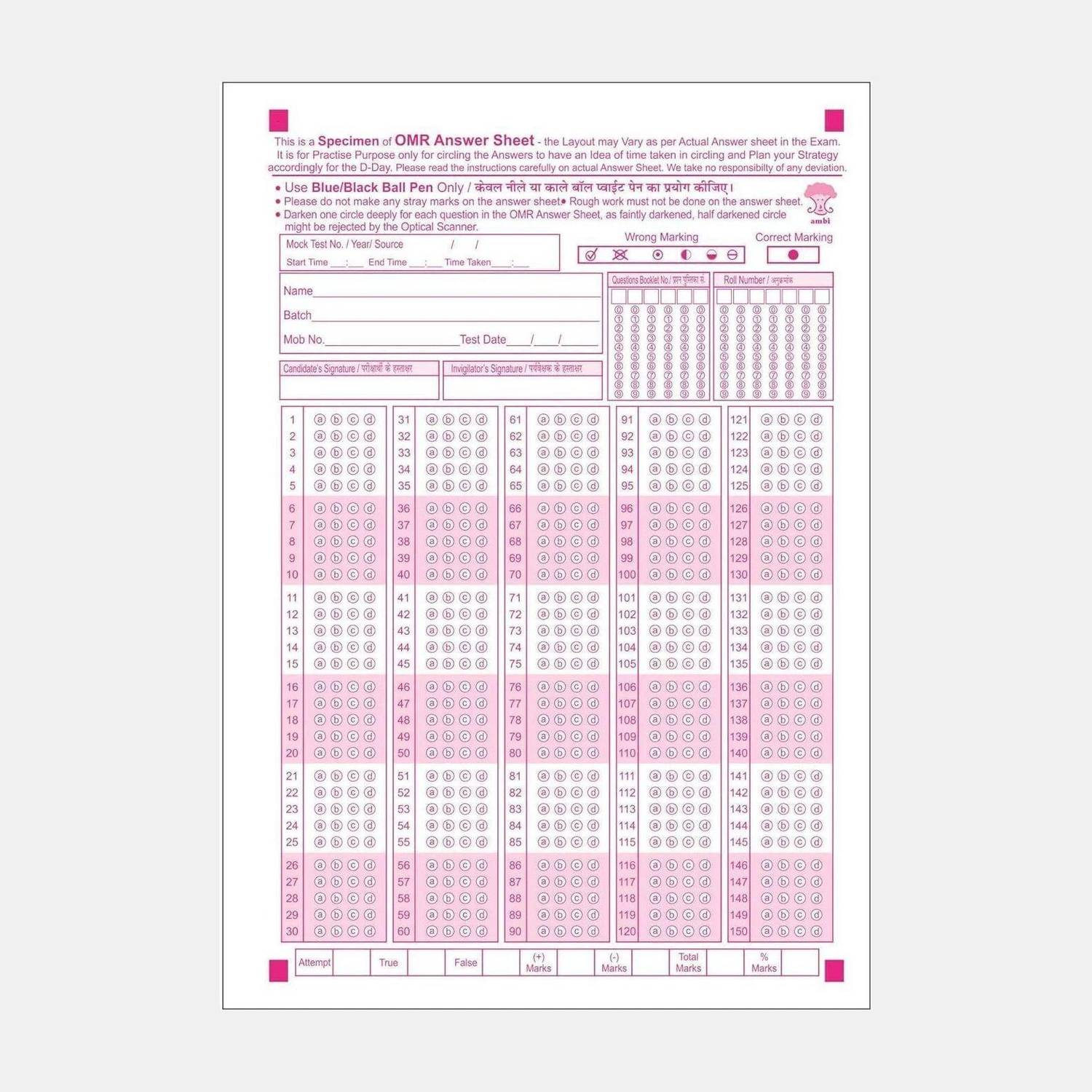 Acme Creations 50 OMR SHEET OMR Practice Sheets For Competitive Exams - 180 MCQ's A4 Size, 50 Loose Sheet/50 PAGES (For NEET JEE UPSC MPSC GATE JNV PSC RPSC TNPSC Etc
