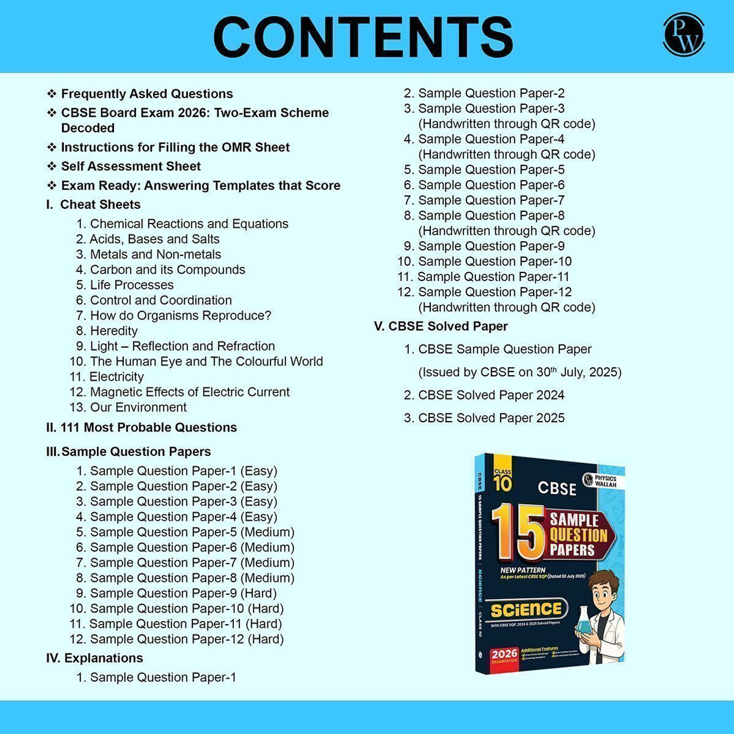 Image of PW CBSE Class 10 Science Sample Papers 2026 | 15 Papers + Mind Maps, 111 Most Probable Questions & Answering Templates