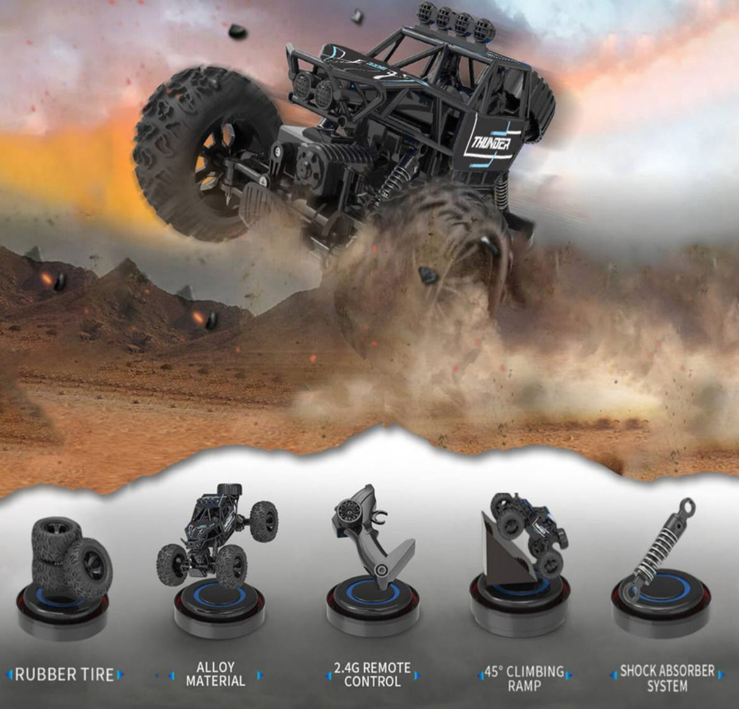 Image of Xcillince Toys High-Speed Off-Road Rock Crawler RC Car with Smoke Effect, Big Rubber Tyres,