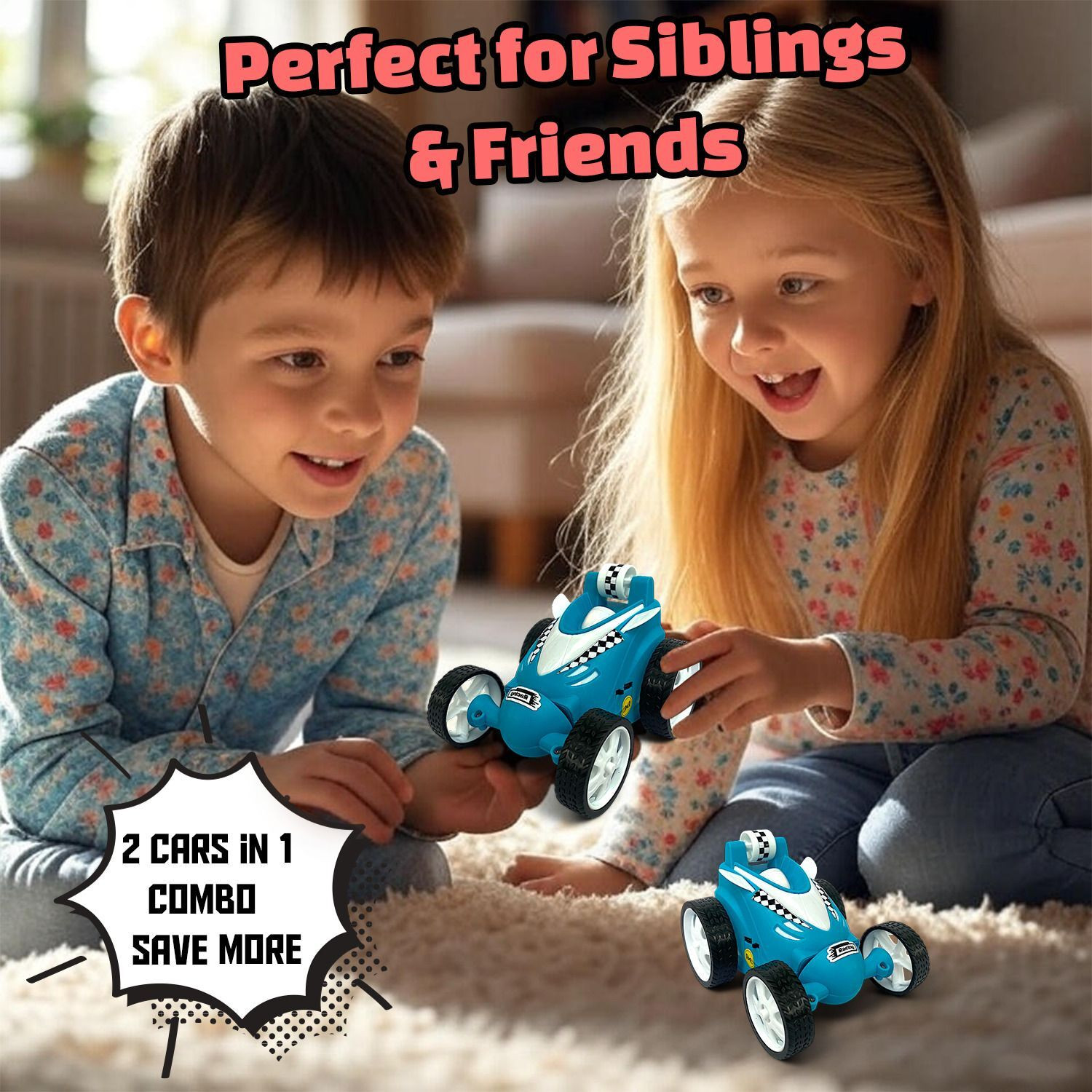 Image of Urban Kiddzone Pack of 2 Double-Sided RC Stunt Cars with Fast Moves & Easy Controls