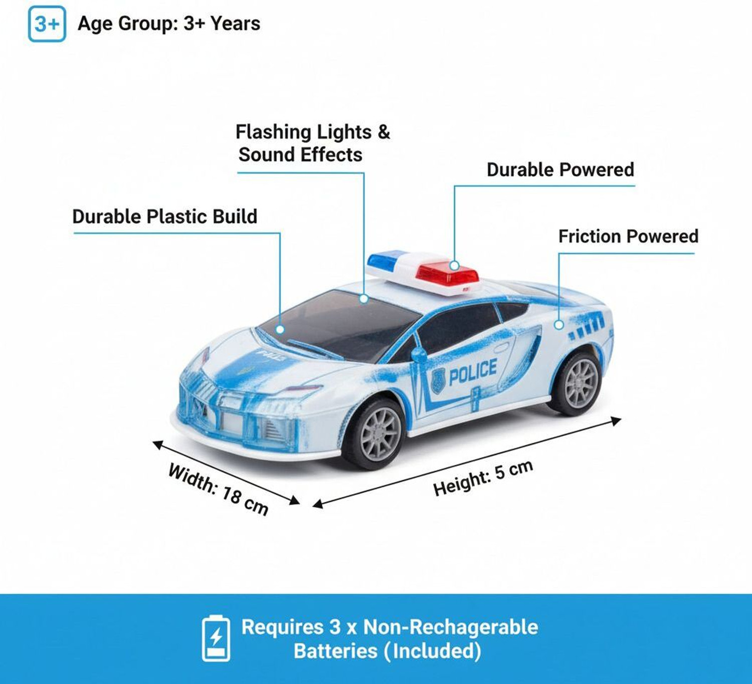Image of BACHCHARIDE Friction Powered Police Car Toy for Kids with Pull Back Action