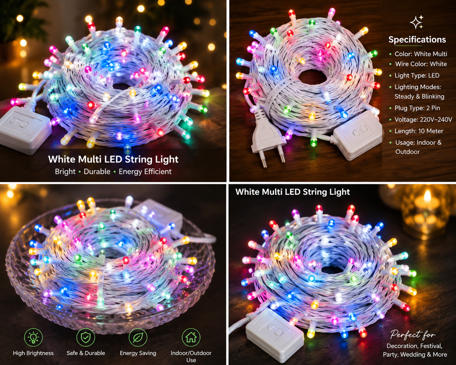 Image of Perikam 60 LEDs 11.25 m Multicolor Color Changing, Flickering, Steady String Rice Lights (Pack of 1)
