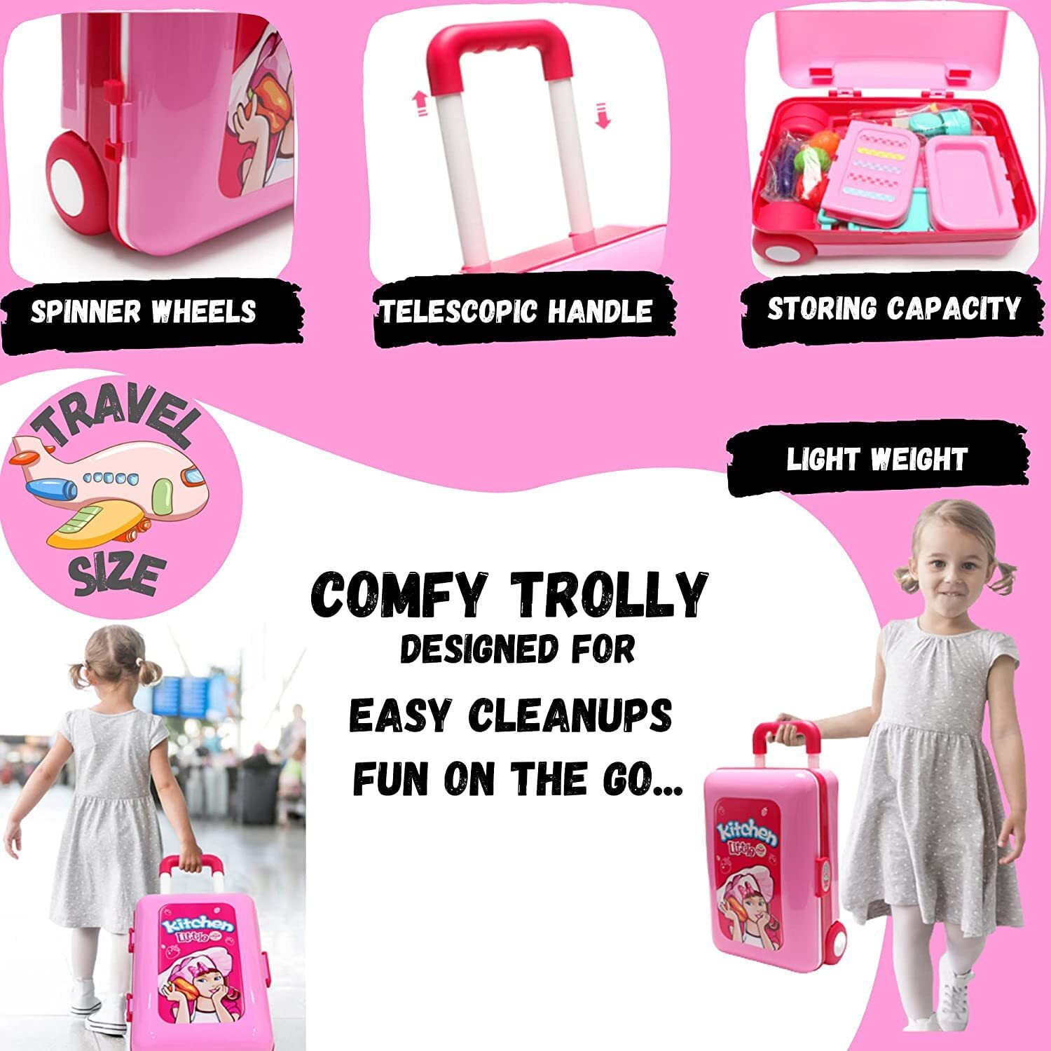 Image of Kidzblend Trolley Kitchen Set, Pretend Play Cooking Set for Girls with 23 Pieces