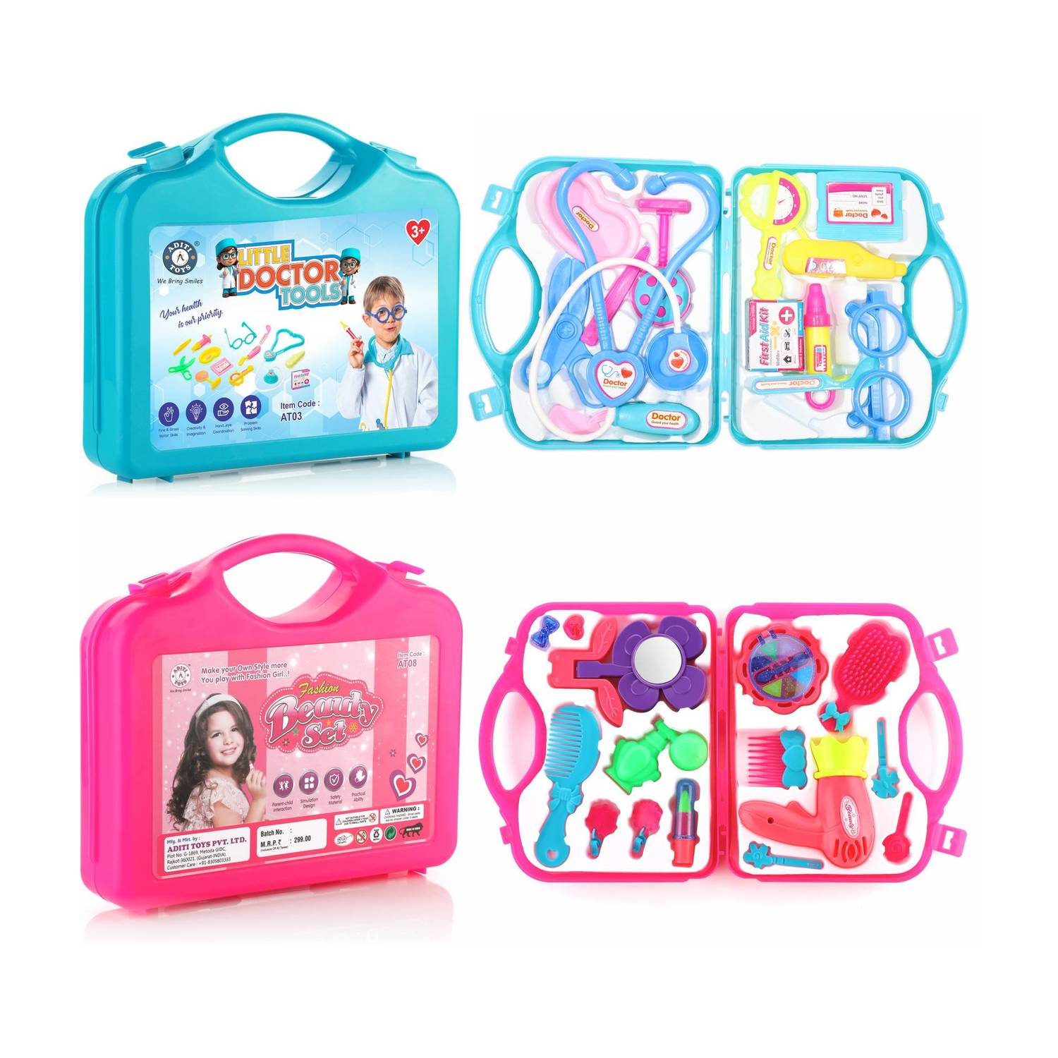 333MART Doctor & Beauty Playset Pretend Play Set combo with Foldable Suitcase(Blue/Pink)