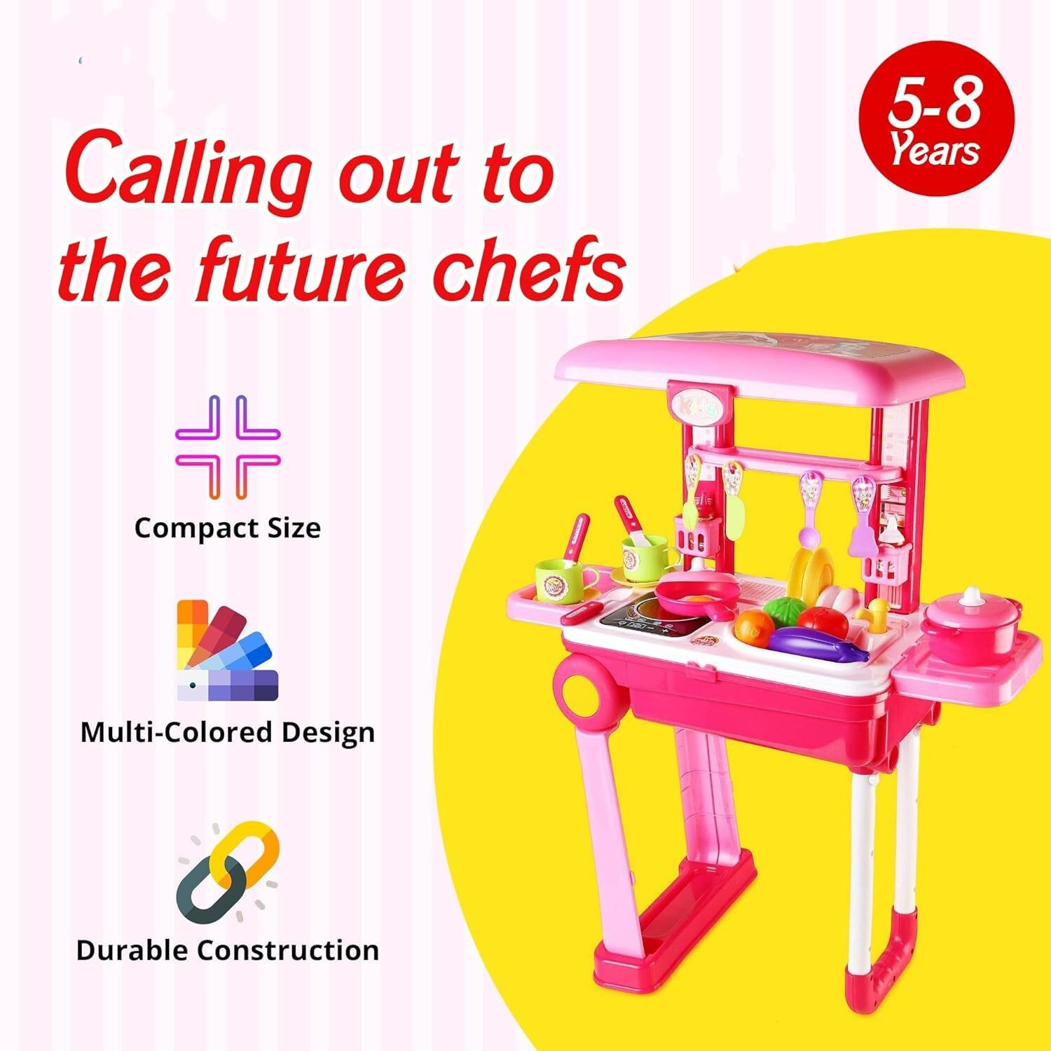 Image of Kidzblend Trolley Kitchen Set, Pretend Play Cooking Set for Girls with 23 Pieces