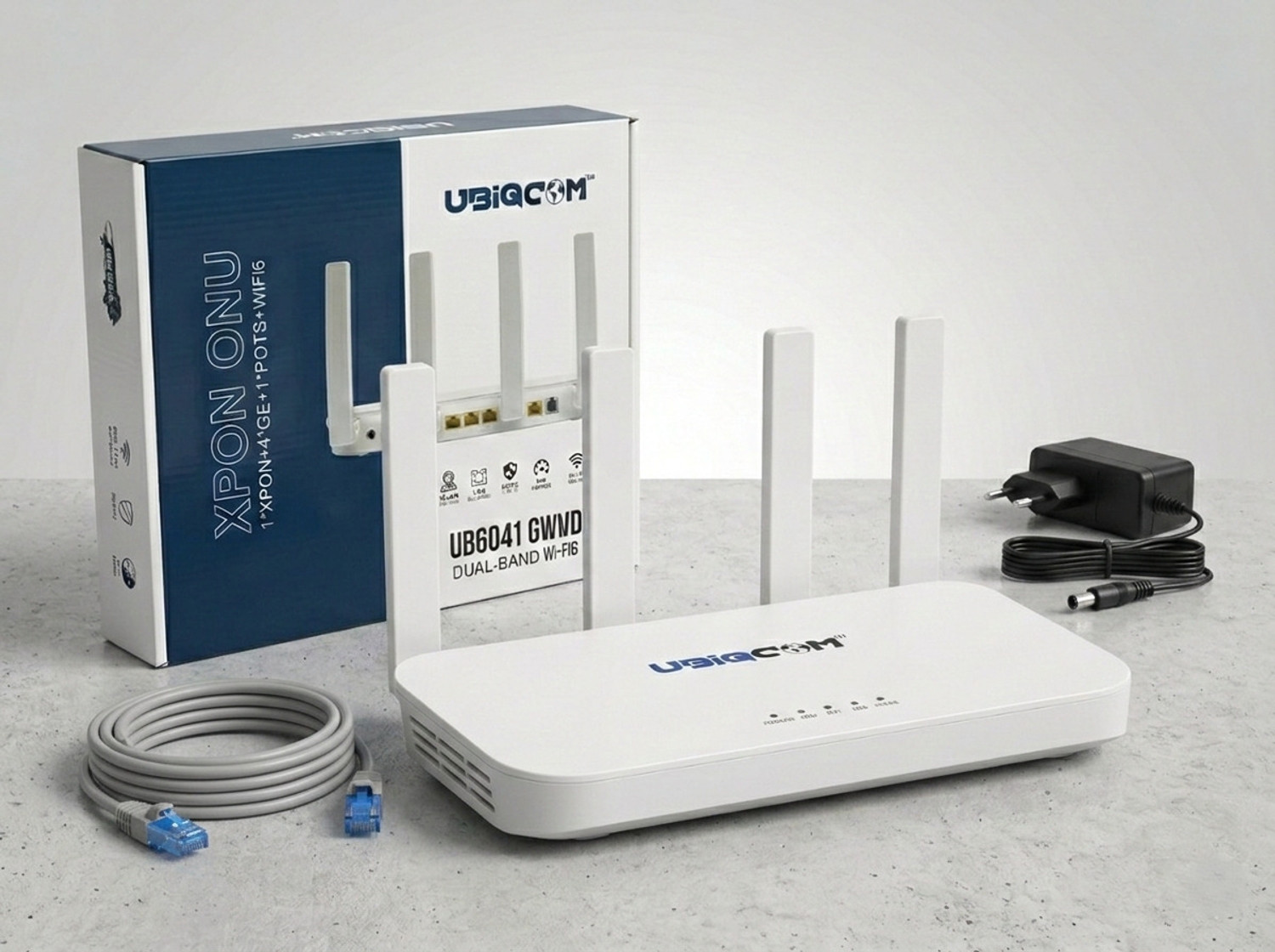 Image of UBIQCOM WIFI-6 UB6041 GVWD FTTH XPON, 4GE+1POTS+WIFI 6 +AX1500+USB 3.0 Mesh Router 2.4 GHz, 5 GHz 1800 Mbps Wifi Speed Dual Band External Antenna ADSL (Telephone), Access Point Mode, Both (Ethernet and ADSL), Ethernet (Cable Broadband), ADSL (Telephone)