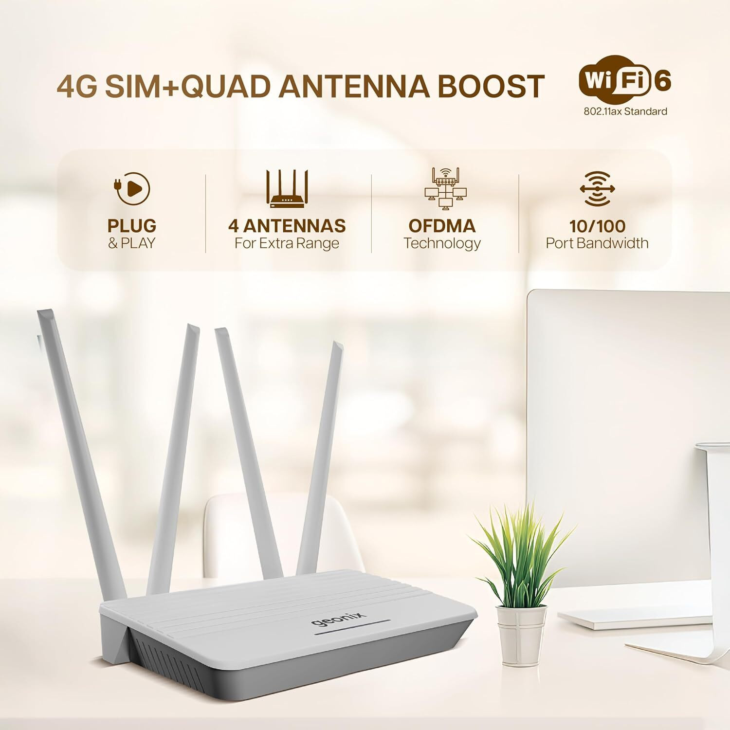 Image of GEONIX GXWR4-5G Wireless Router 2.4 GHz 300 Mbps Wifi Speed Single Band External Antenna NA