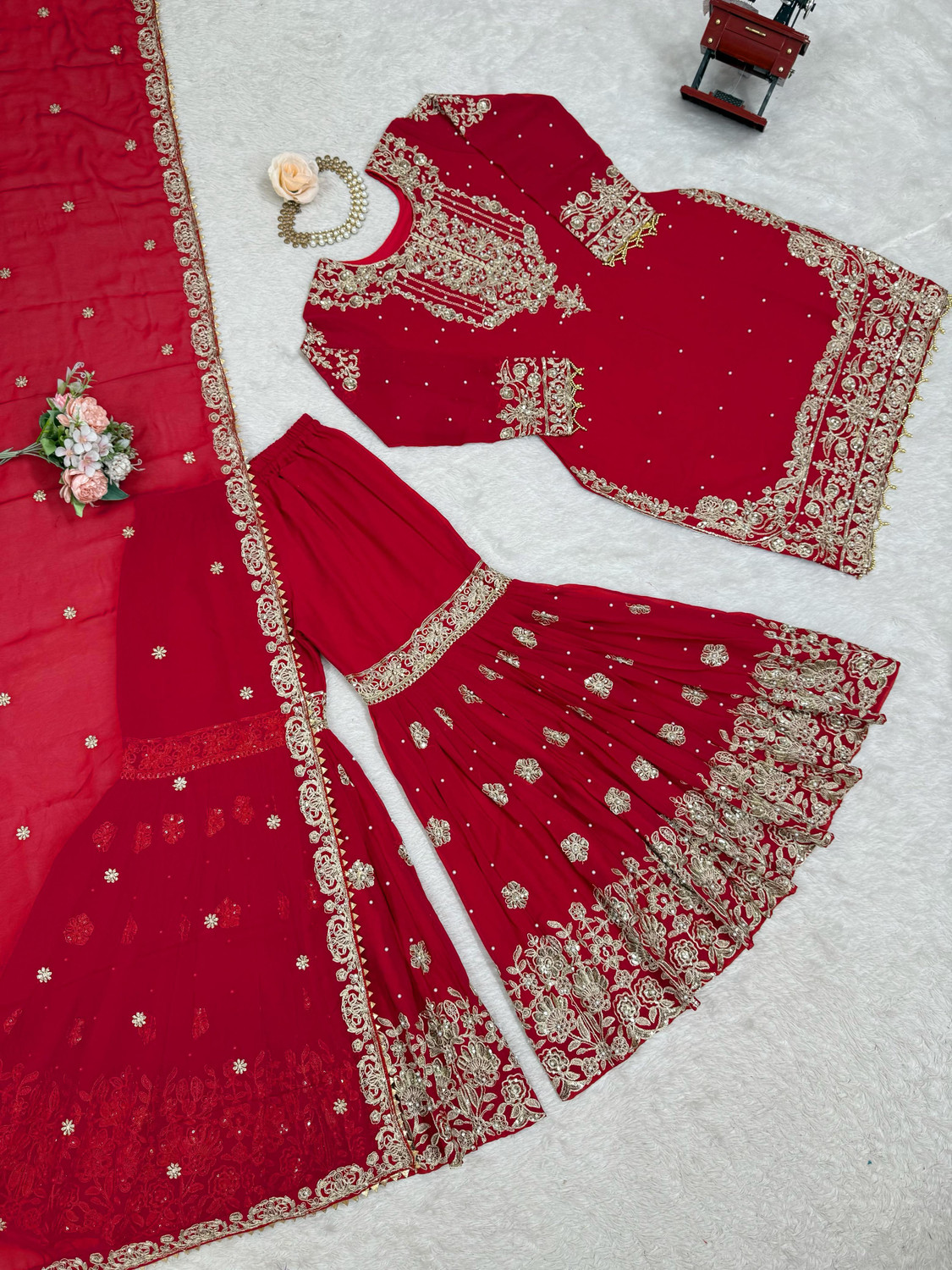 Image of Hevienterprise Embroidered Kurta, Sharara & Dupatta Set