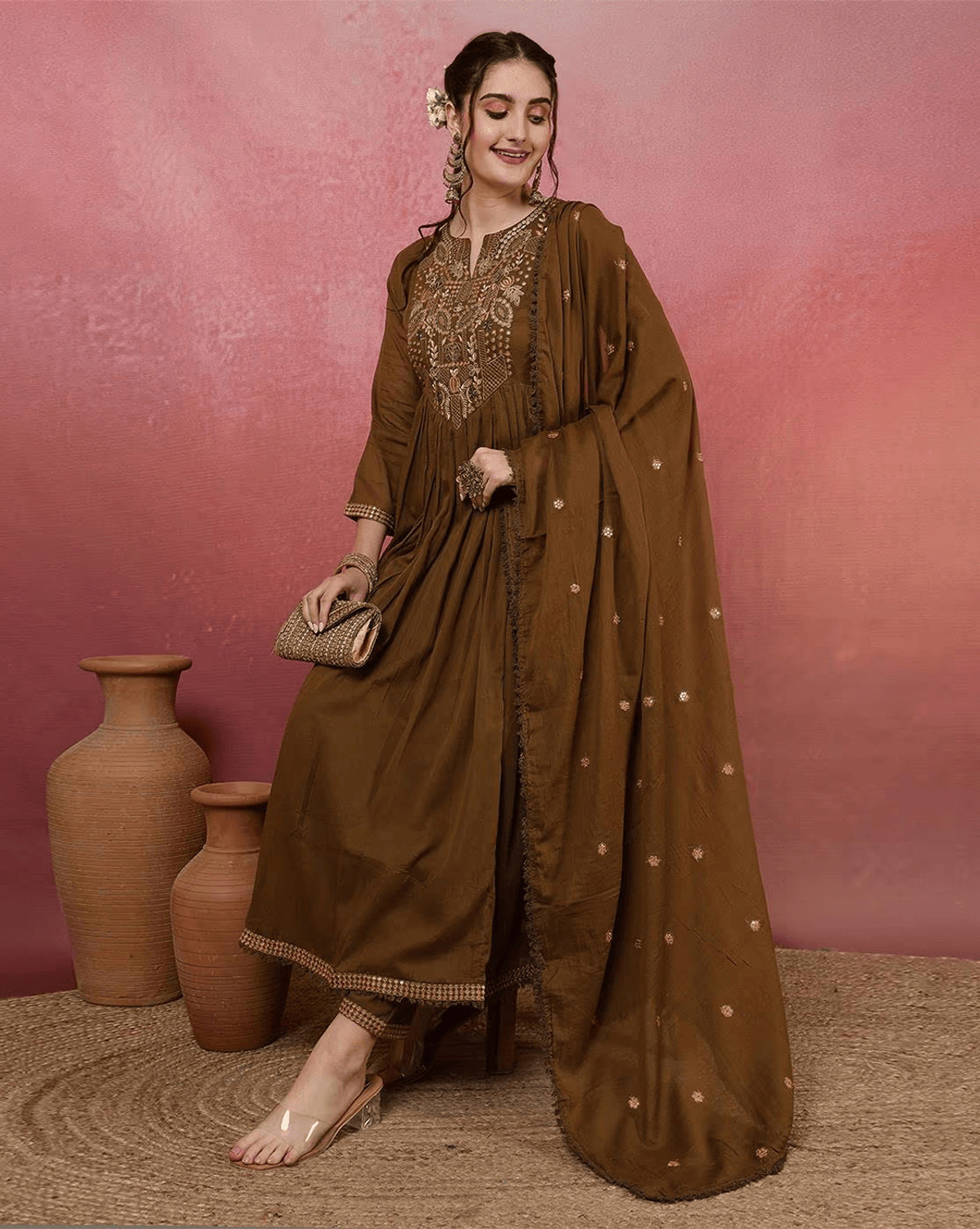 Image of AARADHAYA FASHION Embroidered Anarkali Kurta, Bottom & Dupatta Set