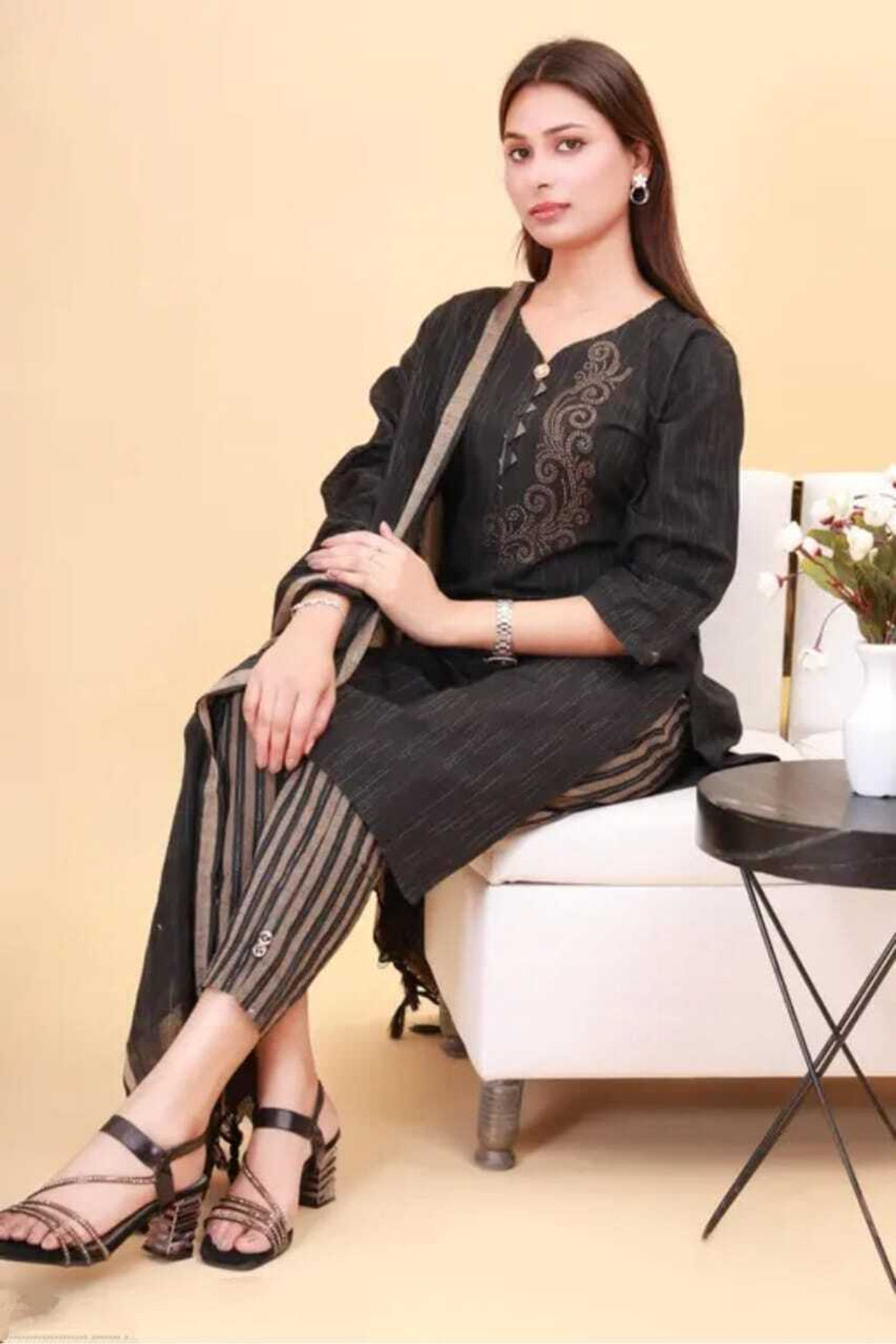 Image of FABRIC FETCHTEXTILES Fashion Striped Kurta, Trouser /Pant & Dupatta Set