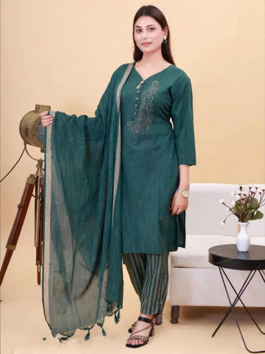 Image of FABRIC FETCHTEXTILES Fashion Striped Kurta, Trouser /Pant & Dupatta Set