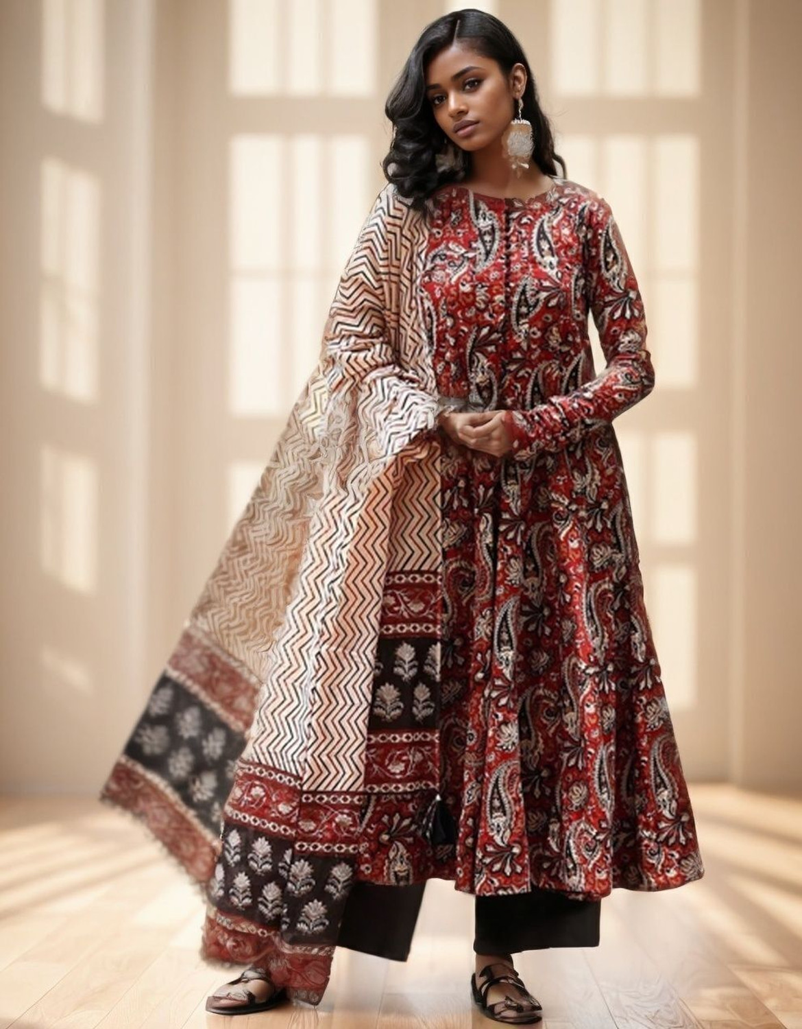 Image of WEARISM Printed Anarkali Kurta, Bottom & Dupatta Set