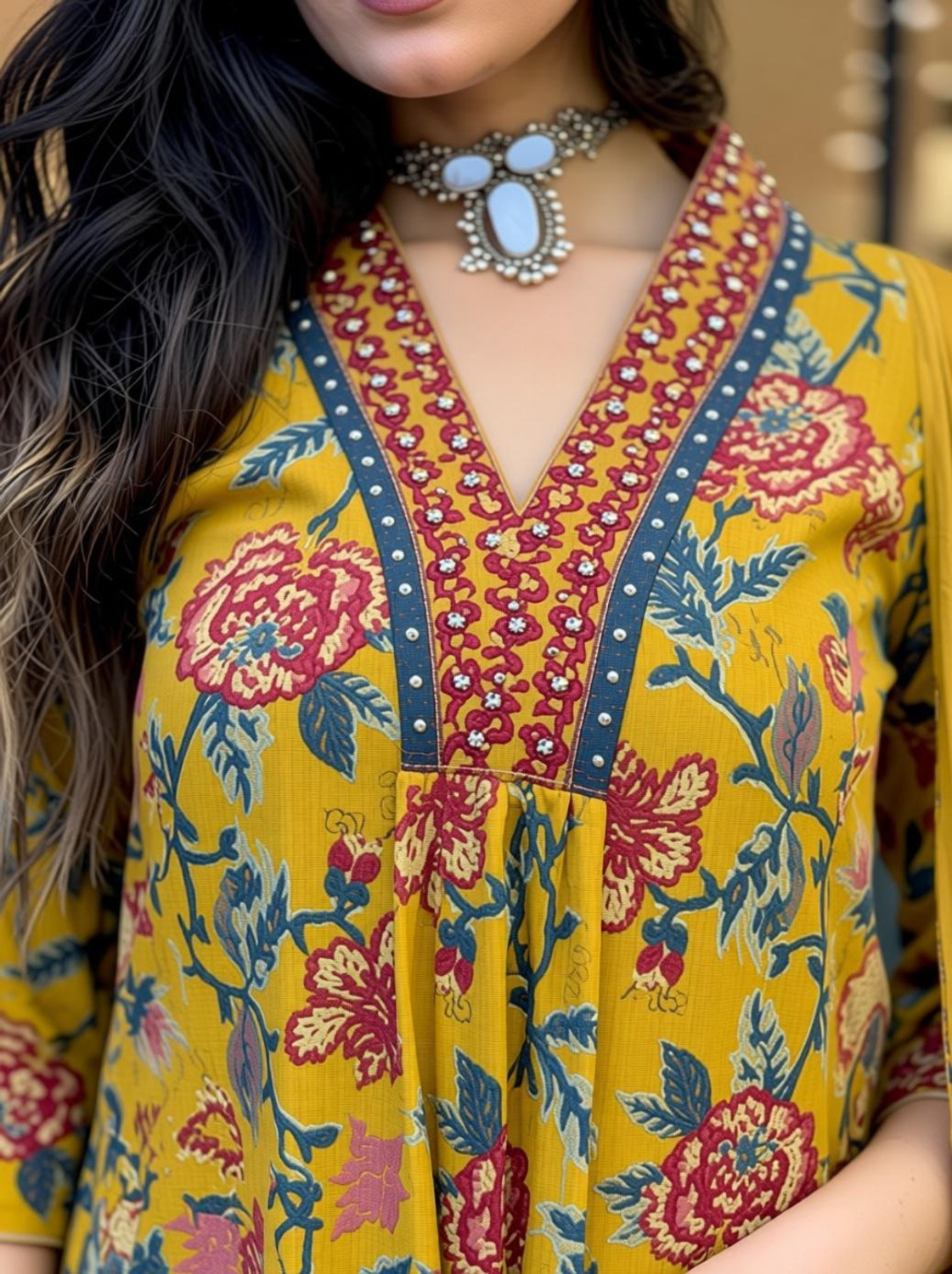 Image of BLACK PATTI Floral Print Anarkali Kurta, Bottom & Dupatta Set